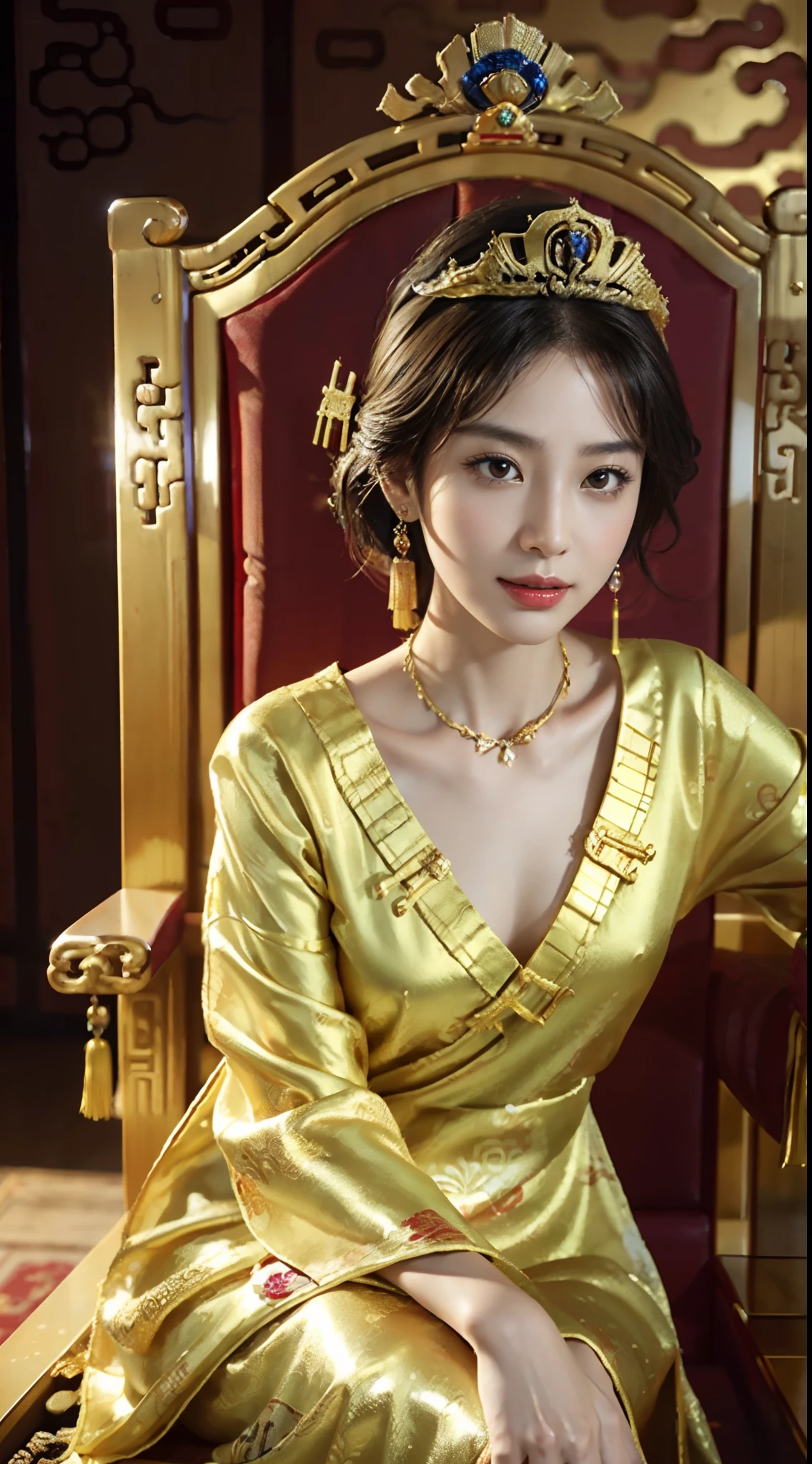 small head, (perfect bodies: 1.1), (short-length straight black short hair: 1.2), （极其细致的CG 8k壁纸），（Extremely refined and beautiful），（masterpiece），（best qualtiy：1.0），（超高分辨率：1.0），[A high resolution]，cheerfulness，Smile,(Smooth and flawless fair skin:1.5),(shiny skin:1.5),ultra - detailed,(Small breasts:1.1),Flat chest,Slim,thin,(gorgeous golden Chinese Dragon style empress Evening long Dress:1.4),jewels,Necklaces, earrings, rings, bracelets,collar,(in Luxury Chinese Palace:1.5),(from front:1.5)，from below,(Close shot:1.3),cowboy shot,Portrait,(Sitting upright on the big throne:1.5)