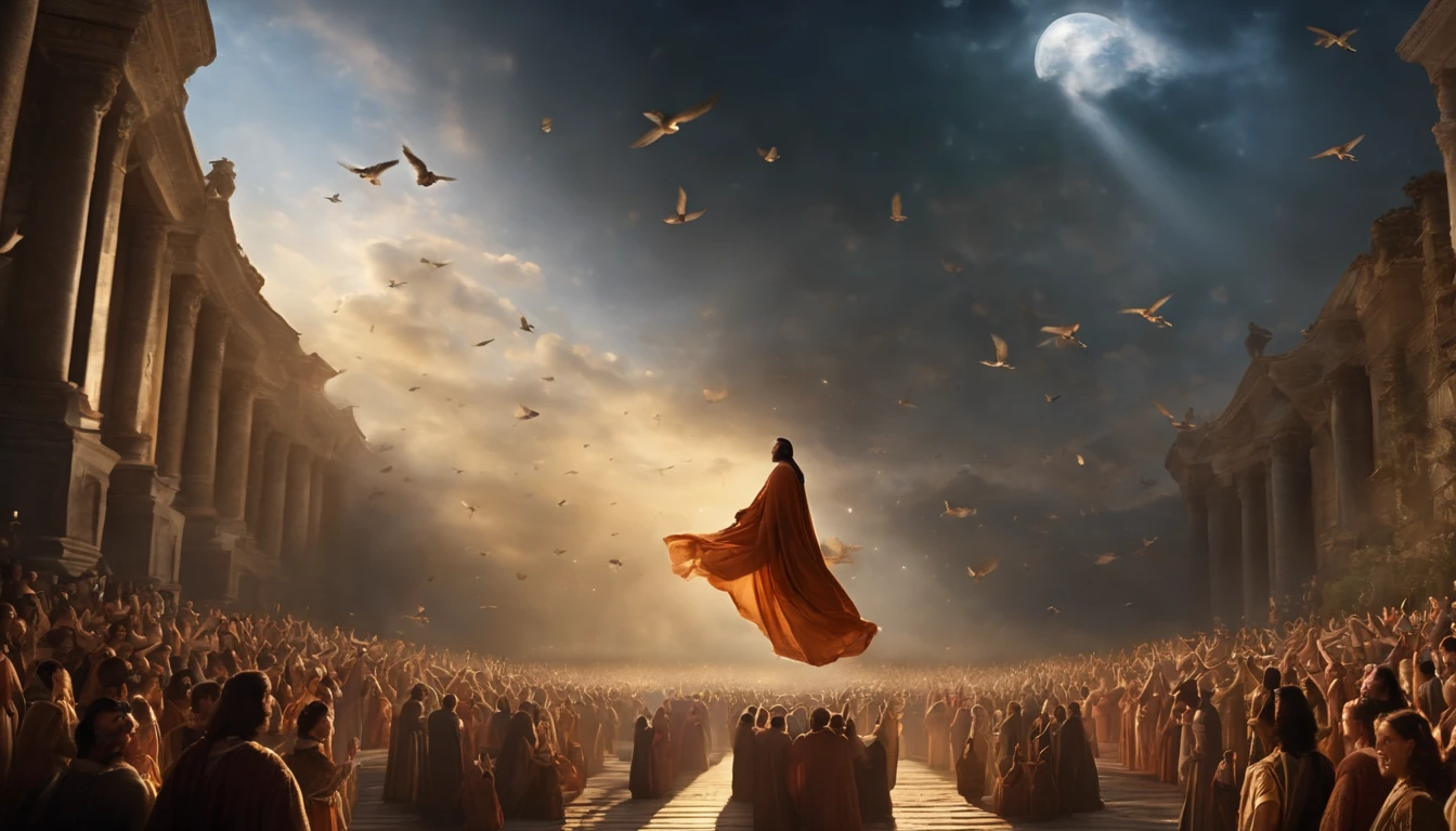 Thousands of people are floating in the air, singing hymns to praise God. The scene is magnificent and surreal. (best quality, 4k, 8k, highres, masterpiece:1.2), ultra-detailed, (realistic, photorealistic, photo-realistic:1.37), portraits, vivid colors, studio lighting, sharp focus, physically-based rendering, extreme detail description, biblical theme, grand atmosphere, radiant light.