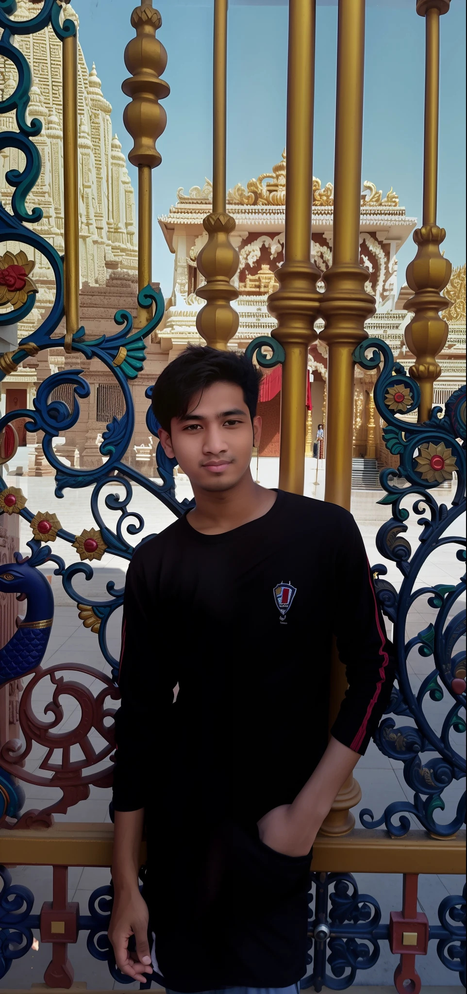 arafed man standing in front of a gate with a building in the background, nivanh chanthara, thawan duchanee, khyzyl saleem, ash thorp khyzyl saleem, mohamed chahin, profile picture 1024px, around 1 9 years old, in a temple, old picture, very very low quality picture