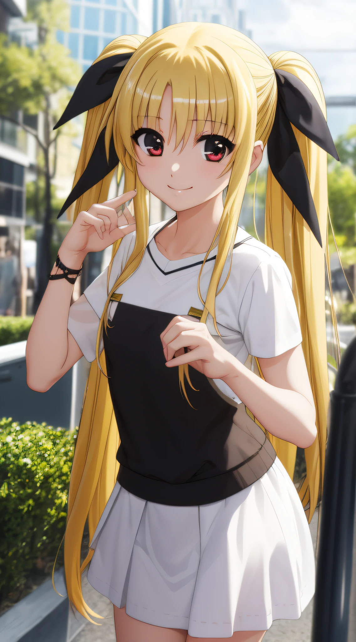 Fate Testarossa、one girls、length hair、Twin-tailed、a black ribbon、A smile、
(a closeup:1.2)、looking at the viewers、
plein air、A city scape、 (masutepiece:1.2), Best Quality, High resolution, Unity 8k壁纸, (Illustration:0.8),extra detailed face, Perfect Lighting, extremely details CG, (Perfect hands, Perfect Anatomy)、Poses in motion、