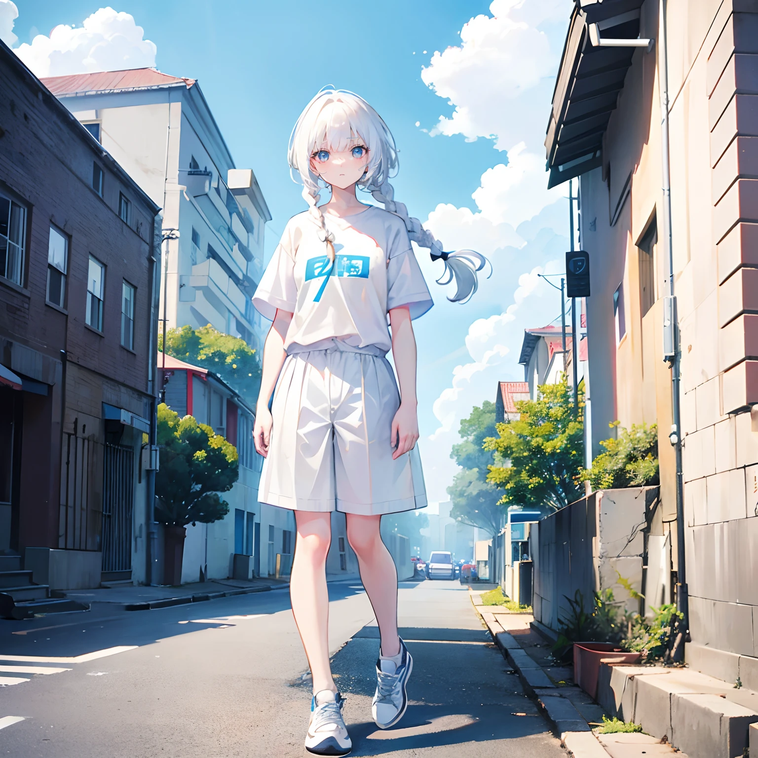 White hair，Low short braids，By bangs，White eyes，adolable，teens girl，white short sleeve，shorter pants，Wear sneakers on your feet，fully body photo，All body，Fingers and arms are not exposed，Blue sky and white clouds on background street
