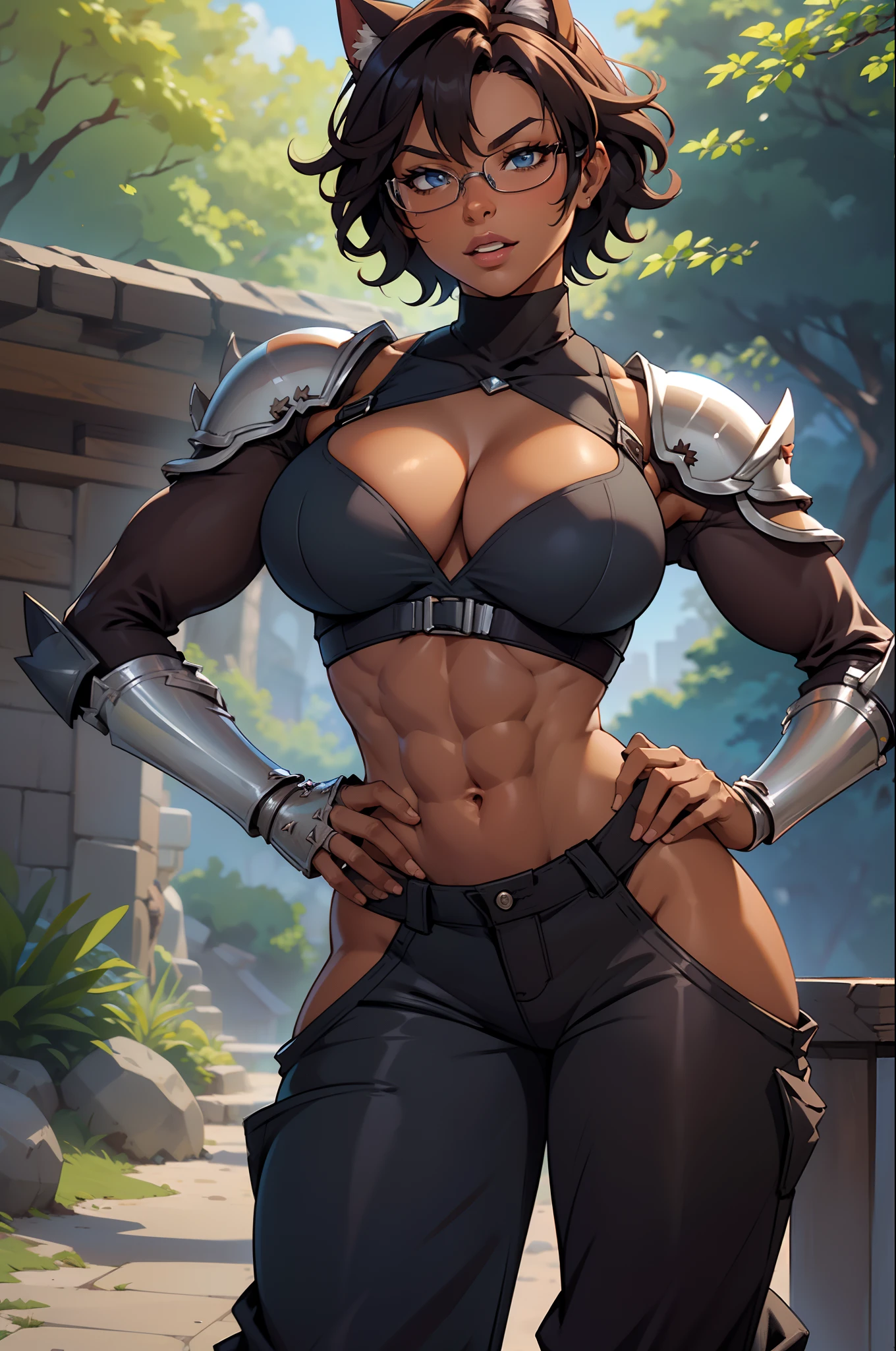 Solo, female, black turtleneck tunic, fantasy outfit, forest, ((short hair)), short plum colored hair, wavy hair, messy hair, ((dark tan skin)), glasses, (cropped chocolate tunic), athletic, slightmuscle, slightly muscular, ((baggy pants)), smirking slightly, bright blue eyes, cleavage, abs, cat tail, cat ears, thick lips, big lips, open mouth, (((silver armor))), knight, big breasts