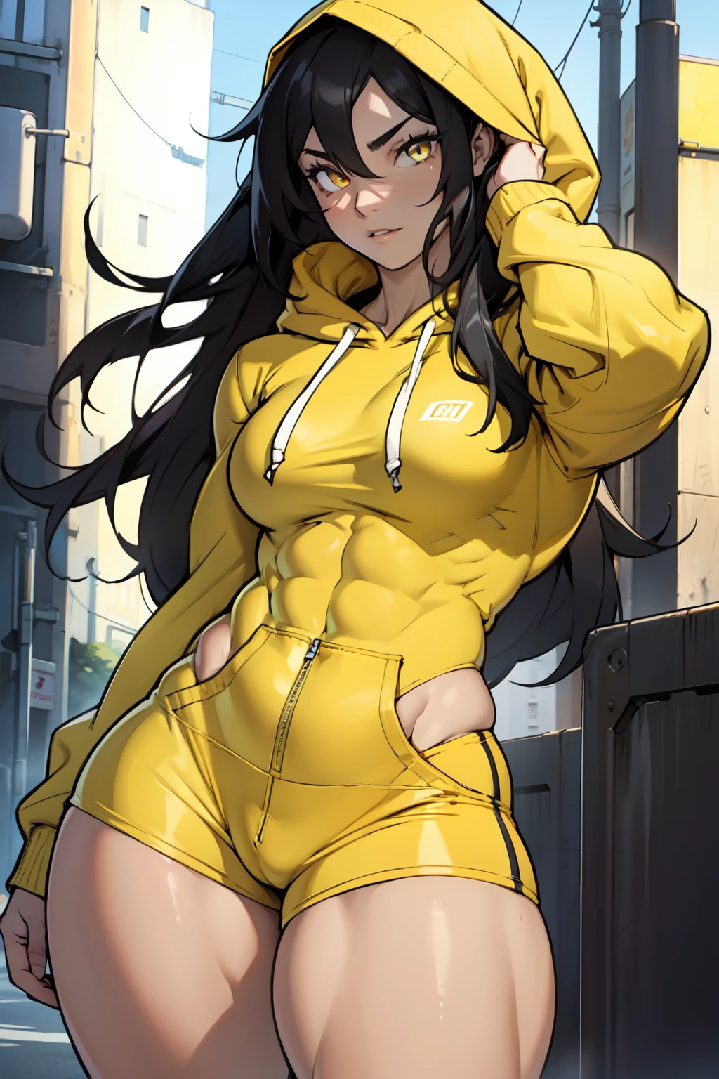 ((((1girl muscular thick thighs)))) pale skin black hair very long hair yellow eyes small breasts hoodie tight pants