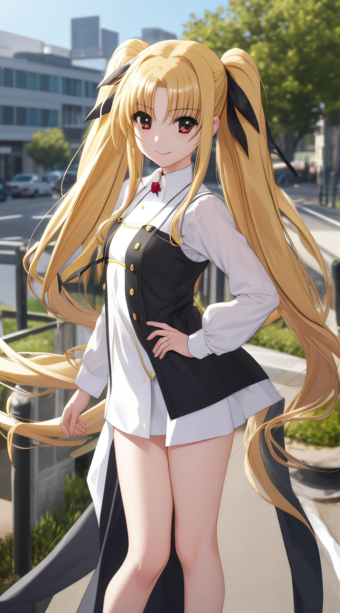 Fate Testarossa、one girls、length hair、Twin-tailed、a black ribbon、A smile、
(a closeup:1.2)、looking at the viewers、
plein air、A city scape、 (masutepiece:1.2), Best Quality, High resolution, Unity 8k壁纸, (Illustration:0.8),extra detailed face, Perfect Lighting, extremely details CG, (Perfect hands, Perfect Anatomy)、Poses in motion、