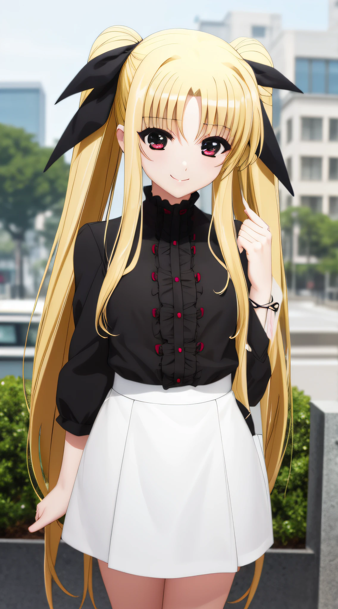 Fate Testarossa、one girls、length hair、Twin-tailed、a black ribbon、A smile、
(a closeup:1.2)、looking at the viewers、
plein air、A city scape、 (masutepiece:1.2), Best Quality, High resolution, Unity 8k壁纸, (Illustration:0.8),extra detailed face, Perfect Lighting, extremely details CG, (Perfect hands, Perfect Anatomy)、Poses in motion、