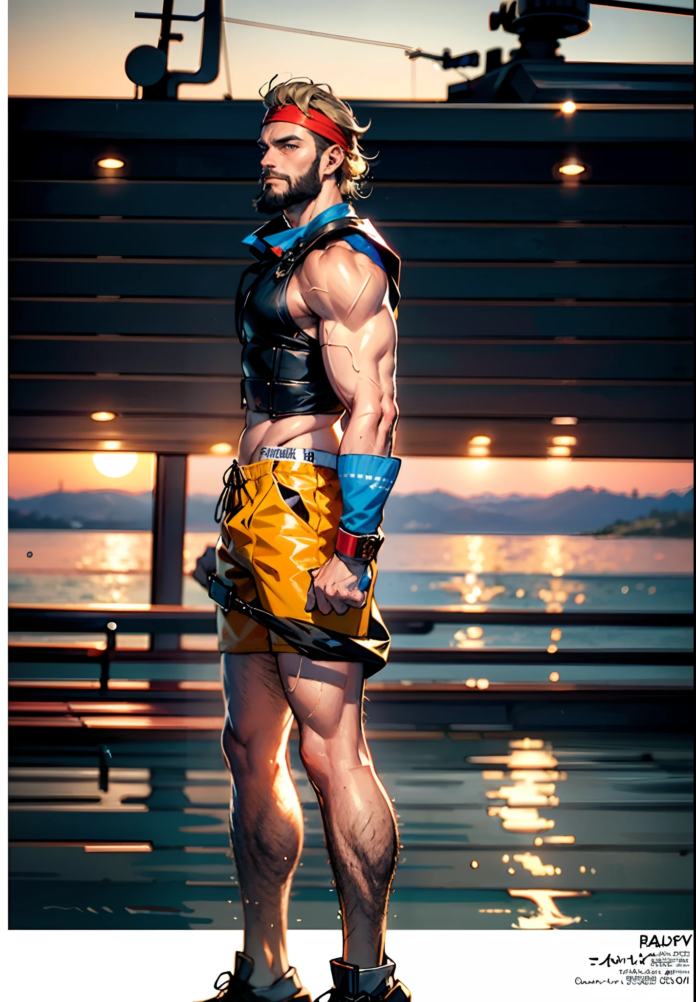 A middle-aged man with short dark golden hair, hair swept backward g, a thick headband around his forehead, deep facial features, resolute gaze, bright smile, a full beard, a tight-fitting fisherman vest, a blue-gold thick breastplate, a black tight-fitting undershirt, solid bronze muscles, a wristband on his wrist, shorts, stands on a large ship sailing on the sea, this character embodies a finely crafted fantasy-style fisherman in anime style, characterized by an exquisite and mature manga illustration art style, high definition, best quality, highres, ultra-detailed, ultra-fine painting, extremely delicate, professional, anatomically correct, symmetrical face, extremely detailed eyes and face, high quality eyes, creativity, RAW photo, UHD, 8k, Natural light, cinematic lighting, masterpiece:1.5