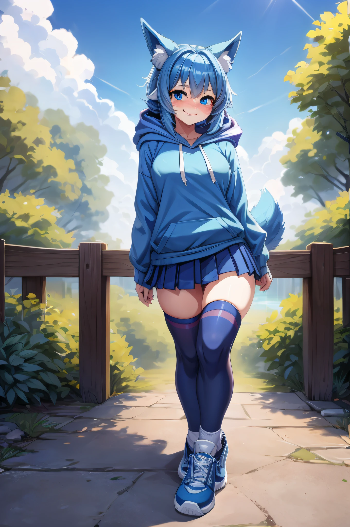 ((Glaceon)), anthropomorphic, big , big ass, pokemorph, (((1girl))), (((blue shirt))), (red and black striped zip-up hoodie), (black stockings), (white sneakers), full body, cute and sexy, icy blue skin, (white skirt), long legs, smiling