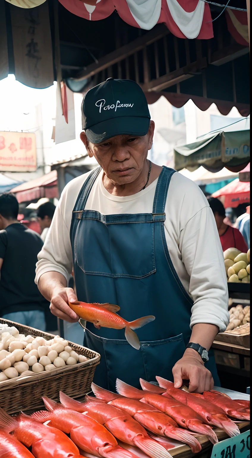 A guy selling fish in the Divisoria market is seated on a wooden chair, engaged in his trade. The market is bustling with activity, with vendors and customers crowding the narrow aisles. The fish stand in front of him is filled with a variety of fresh seafood, ranging from shrimp and crabs to different types of fish. The guy wears a sando, emphasizing his casual attire that matches the market's laid-back atmosphere. His face is flushed with anger, evident from his furrowed brows and tightened lips, suggesting that he is experiencing a frustrating moment. The scene illustrates his determination to make a living by selling fish, despite the challenging market environment. The audience, primarily 40-year-olds, can relate to the struggles faced by individuals trying to earn a livelihood. The artwork strives for the best quality, capturing every detail in 4K or 8K resolution. It exhibits ultra-detailed characteristics seen in physically-based rendering techniques, emphasizing the authenticity of the scene. The color palette leans toward vibrant hues, enhancing the lively atmosphere of the market. The lighting captures the bright and dynamic ambiance, emphasizing the interaction between light and shadow. The prompt aims to generate an image that portrays the intense emotions, bustling activity, and dedication of the guy selling fish at the Divisoria market.