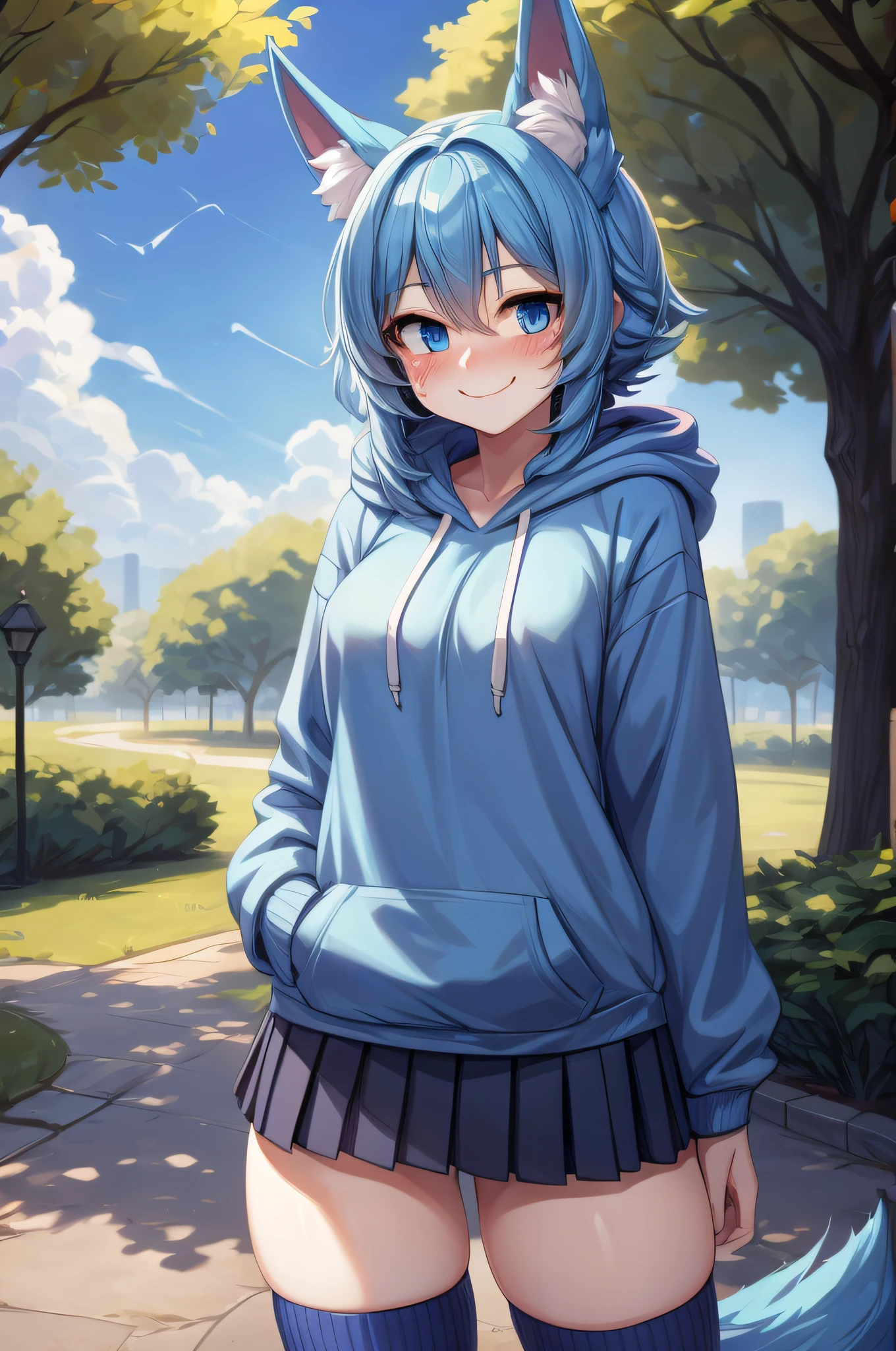 (Masterpiece) (High Detail) (High Res) A short humanoid girl with pale human skin and blue eyes and long blue hair and blue dog ears and a fluffy dog tail is stood in a park whilst wearing a slightly oversized blue hoodie, black pleated skirt and striped thigh high socks. She is smiling slightly, and has a blush on her face. Full body image, flat colour, little shading.