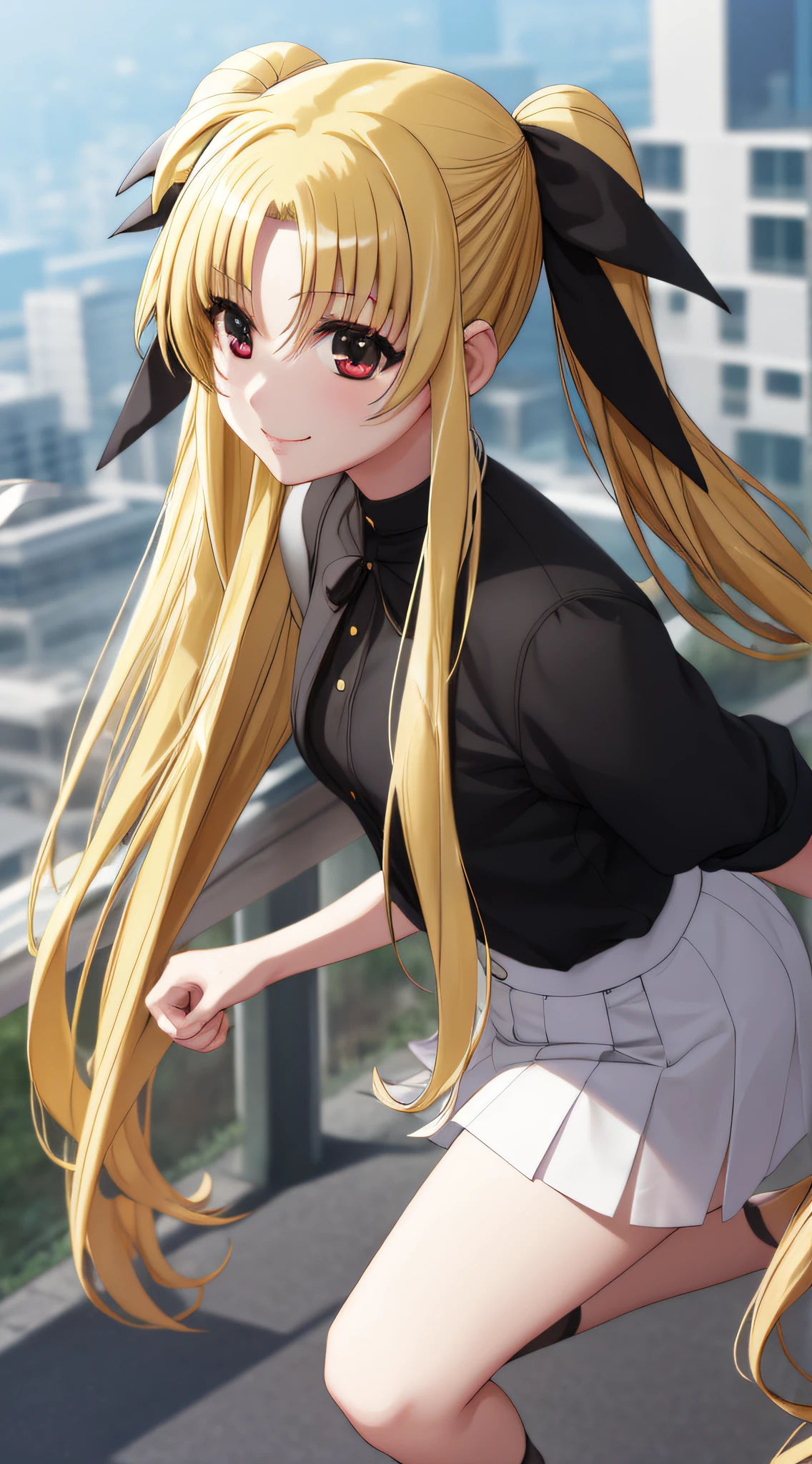 Fate Testarossa、one girls、length hair、Twin-tailed、a black ribbon、A smile、
(a closeup:1.2)、looking at the viewers、
plein air、A city scape、 (masutepiece:1.2), Best Quality, High resolution, Unity 8k壁纸, (Illustration:0.8),extra detailed face, Perfect Lighting, extremely details CG, (Perfect hands, Perfect Anatomy)、Poses in motion、