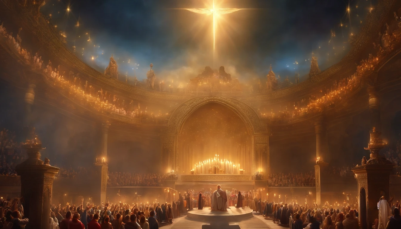 Thousands of people stand in the air, Sing hymns to praise God. The scenes are magnificent and surreal. (Best Quality, 4k, 8K, high resolucion, Masterpiece:1.2), Ultra-detailed, (realisitic, Photorealistic, Realistis:1.37), portrait of a, Vivid colors, studio lit, Sharp focus, physics based rendering, extreme detail description, Biblical Topics, grand ambience, radiant light.