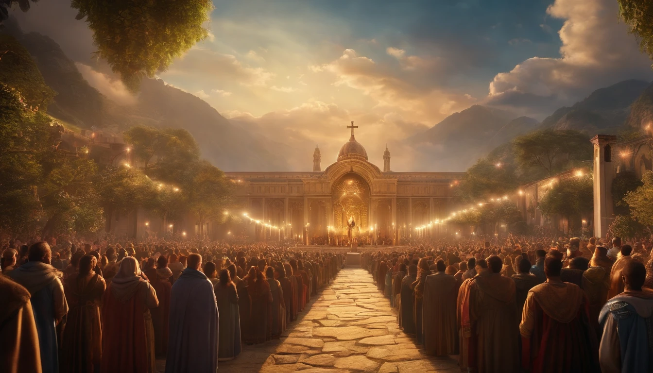 Thousands of people stand in the air, Sing hymns to praise God. The scenes are magnificent and surreal. (Best Quality, 4k, 8K, high resolucion, Masterpiece:1.2), Ultra-detailed, (realisitic, Photorealistic, Realistis:1.37), portrait of a, Vivid colors, studio lit, Sharp focus, physics based rendering, extreme detail description, Biblical Topics, grand ambience, radiant light.