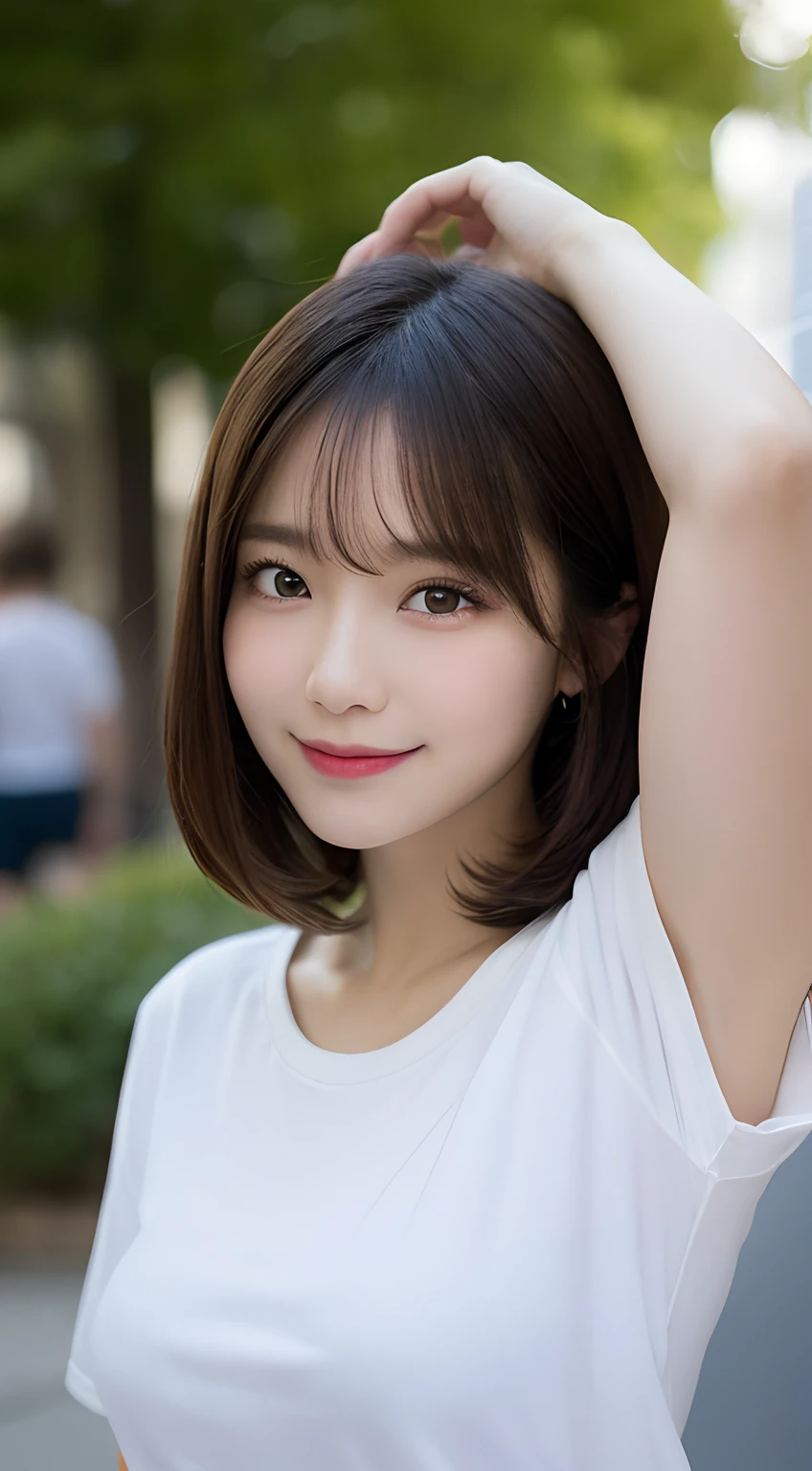masutepiece, Best Quality, Illustration, Ultra-detailed, finely detail, hight resolution, 8K Wallpaper, Perfect dynamic composition, Beautiful detailed eyes, Women's Fashion Summer,Short bob hair,small tits, Bold sexy poses,Smile,Harajuku,20 years girl,Cute,Sexy shot looking at camera,Short sleeve Y-shirt,(Armpits),mid-riff peak