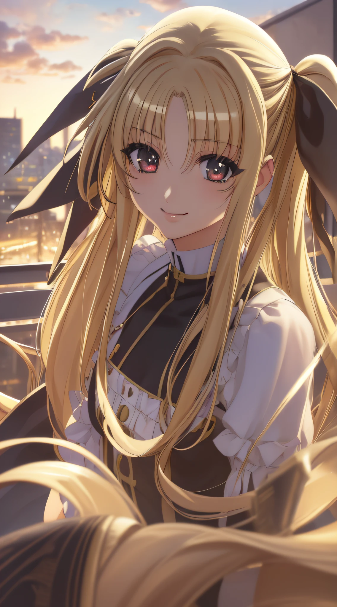 Fate Testarossa、one girls、length hair、Twin-tailed、a black ribbon、A smile、
(a closeup:1.2)、looking at the viewers、
plein air、A city scape、 (masterpiece:1.2), best quality, high resolution, unity 8k wallpaper, (illustration:0.8), (beautiful detailed eyes:1.6), extremely detailed face, perfect lighting, extremely detailed CG, (perfect hands, perfect anatomy)、