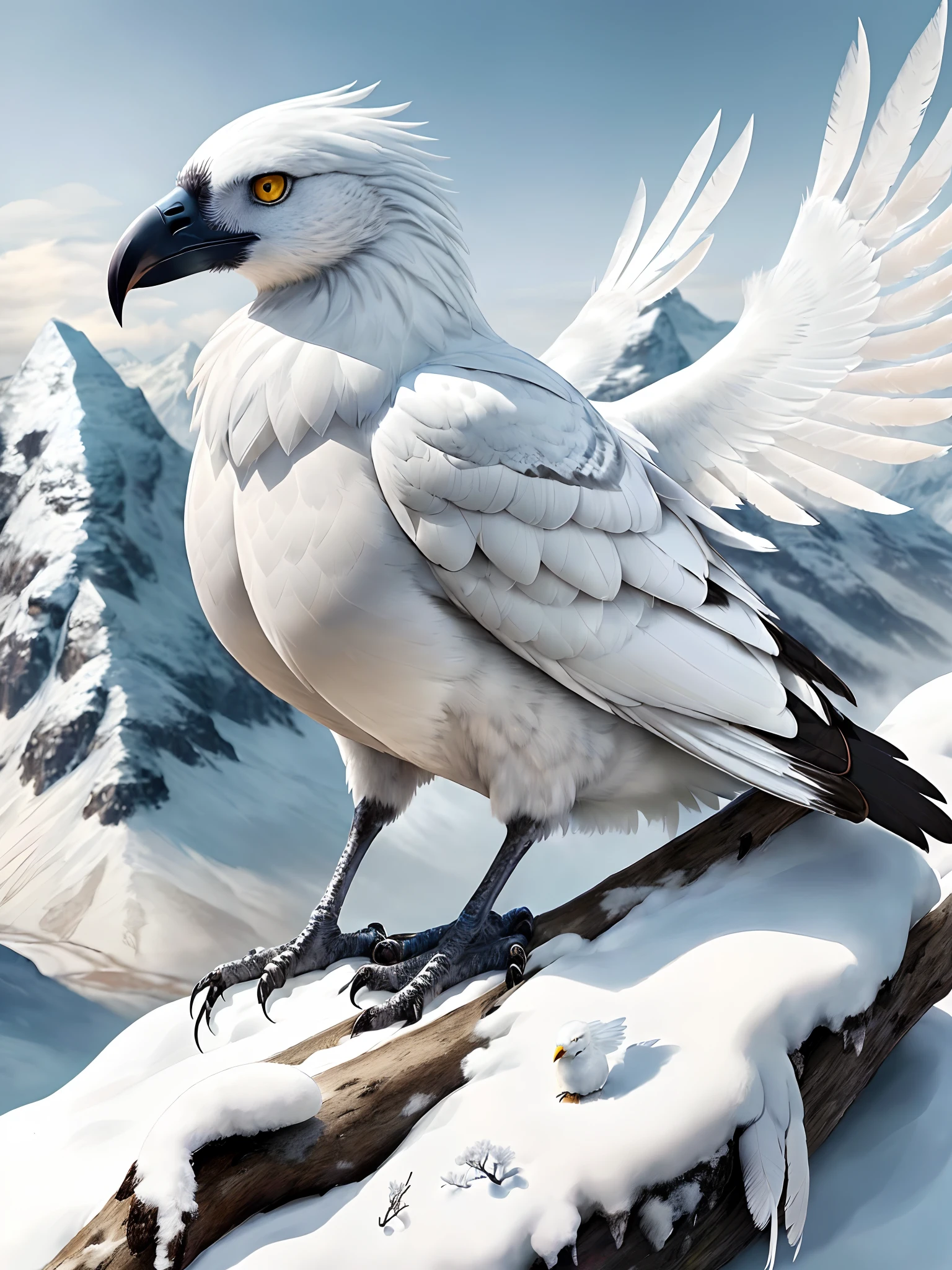a white bird sitting on top of a snow covered mountain, full body made of white feathers, sitting cutely on a mountain, dramatic cinematic detailed fur, kenku, feathery fluff, birds f cgsociety, avatar ( 2 0 0 9 ), detailed feathers and fur, realistic. detailed feathers, realistic fur, vulture, highly detailed surreal vfx, snowy mountain, bbc earth
