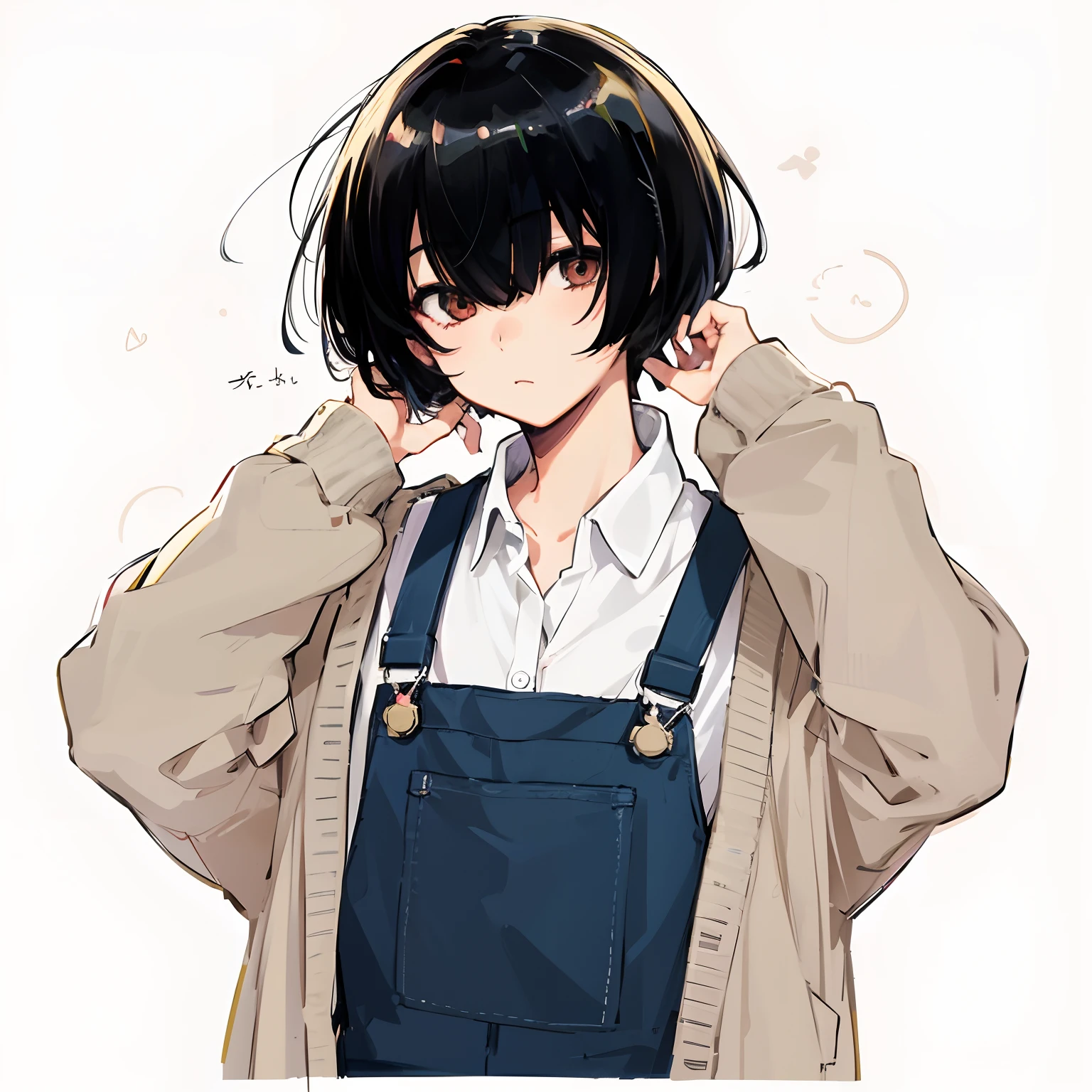 Japanese anime, beautiful young man, black hair, bowl cut, overalls, cardigan, cute hairpins,high quality, amount of drawing, pixiv illustration