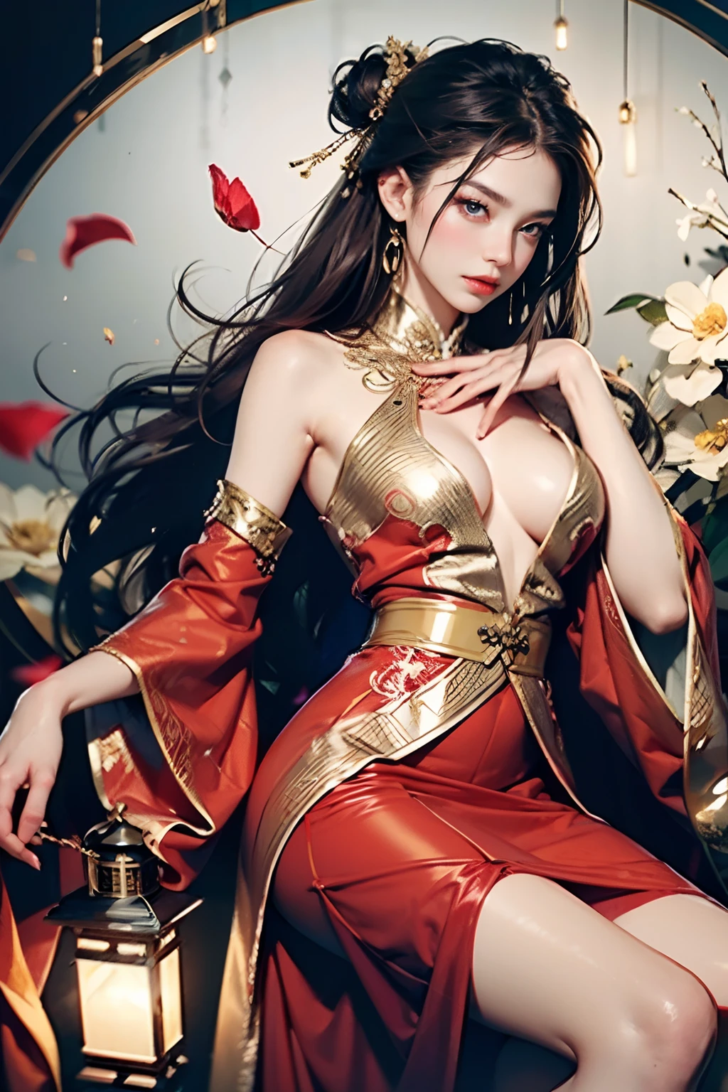 best quality, masterpiece, highres, (exquisite body:1.5),gorgeous face,(milky skin:1.3),intricate details,high resolution,wallpaper,
1girl, solo, dress, hair ornament, (((gold and red dress))), flowers, long hair, brown hair, closed mouth, jewelry, long sleeves, hand up, wide sleeves, big eyes,floating hair, chinese clothes, hanfu, embroidery, long skirt, natural pose, falling petals, indoor,fanning, lantern,
16K,HDR,highres,depth field,(film grain:1.1),boken,golden hour,(lens flare),vignette,rainbowing,(color grading:1.5)