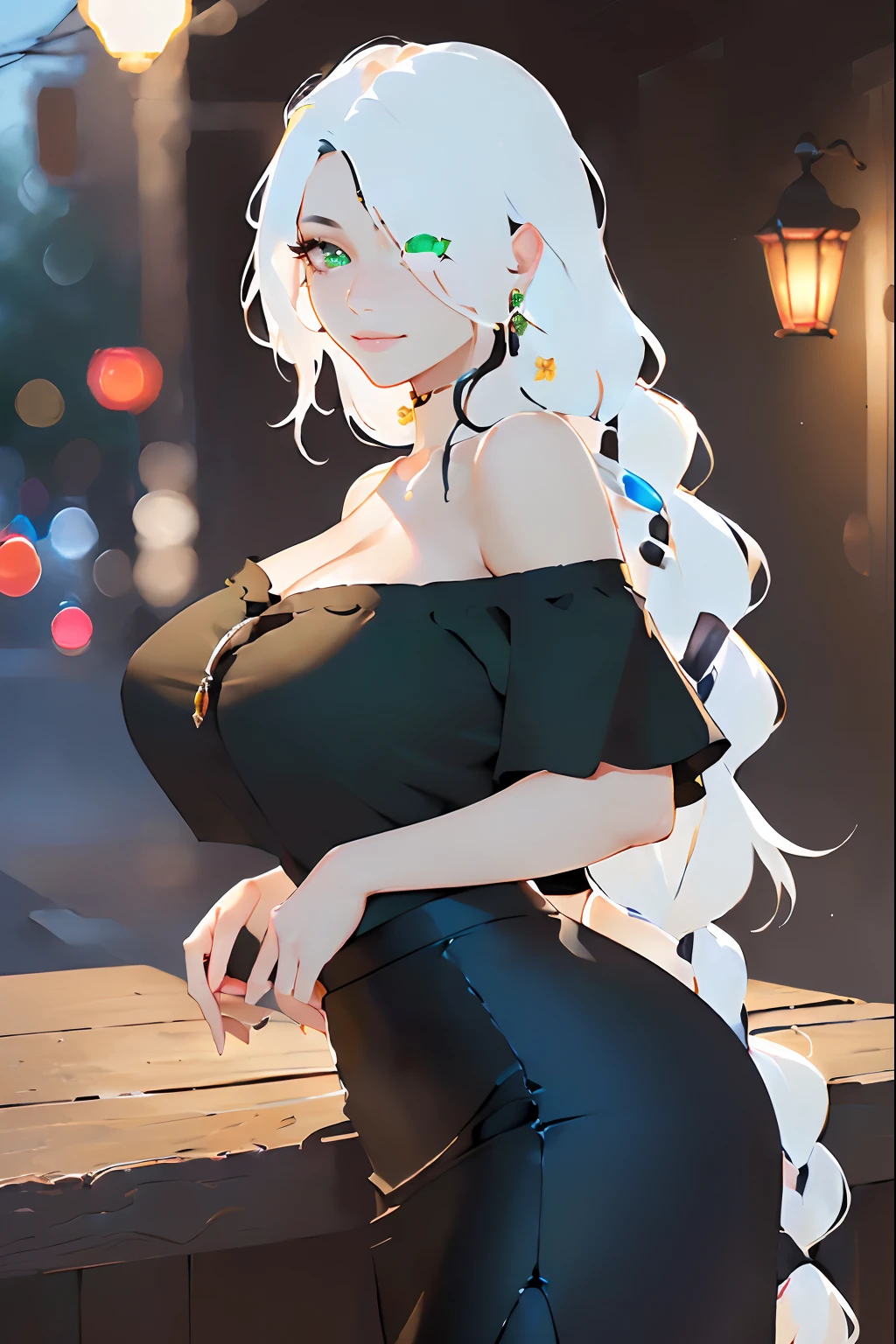 ((large breasts)), (white hair with black strands), (low-braided long wavy hair: 1.9), (jewels), ( detailed, perfect, beautiful, exotic, special, unique, charming, hypnotic, breathtaking, skindentation, masterpiece, high quality, high resolution, extremely detailed, sharpness, intricate, high quality_textures, high resolution_textures, absurdres, sharp details, award_winning, bokeh, rule_of_thirds, moody lighting, detailed shadows, light diffusion, white_balance, Realism, RAW_Image, realistic, photorealistic environment), (exotic woman), ((hair over one eye: 1.9)), (tan skin: 1.9), (emerald eyes: 1.2), (adult woman), (tsurime: 1.9), (large size), (kind smile: 1.9), (soft full lips), long lashes, expressive eyes, (off-shoulder shirt: 1.9), (pencil skirt: 1.9)