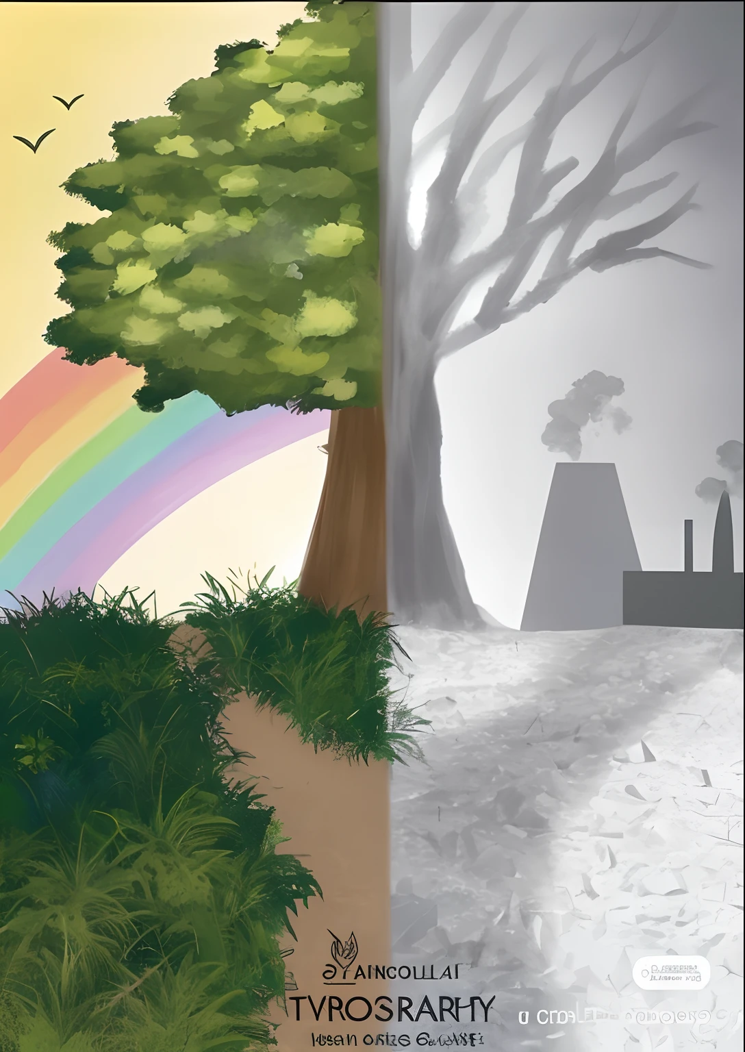 There is an image of a tree with a rainbow in the background, Art conceptuel environnemental, Environmental artwork, Portrait of the environment, Environment Concept, An ecological gothic scene, Semblable au Bifrost, Representing the 4 seasons, Environnement arc-en-ciel complexe, Mood Paint, Atmospheric Background Effects, Illustration of the design of the environment, Environmental Concept Art, Environnement abstrait, A few trees in the background