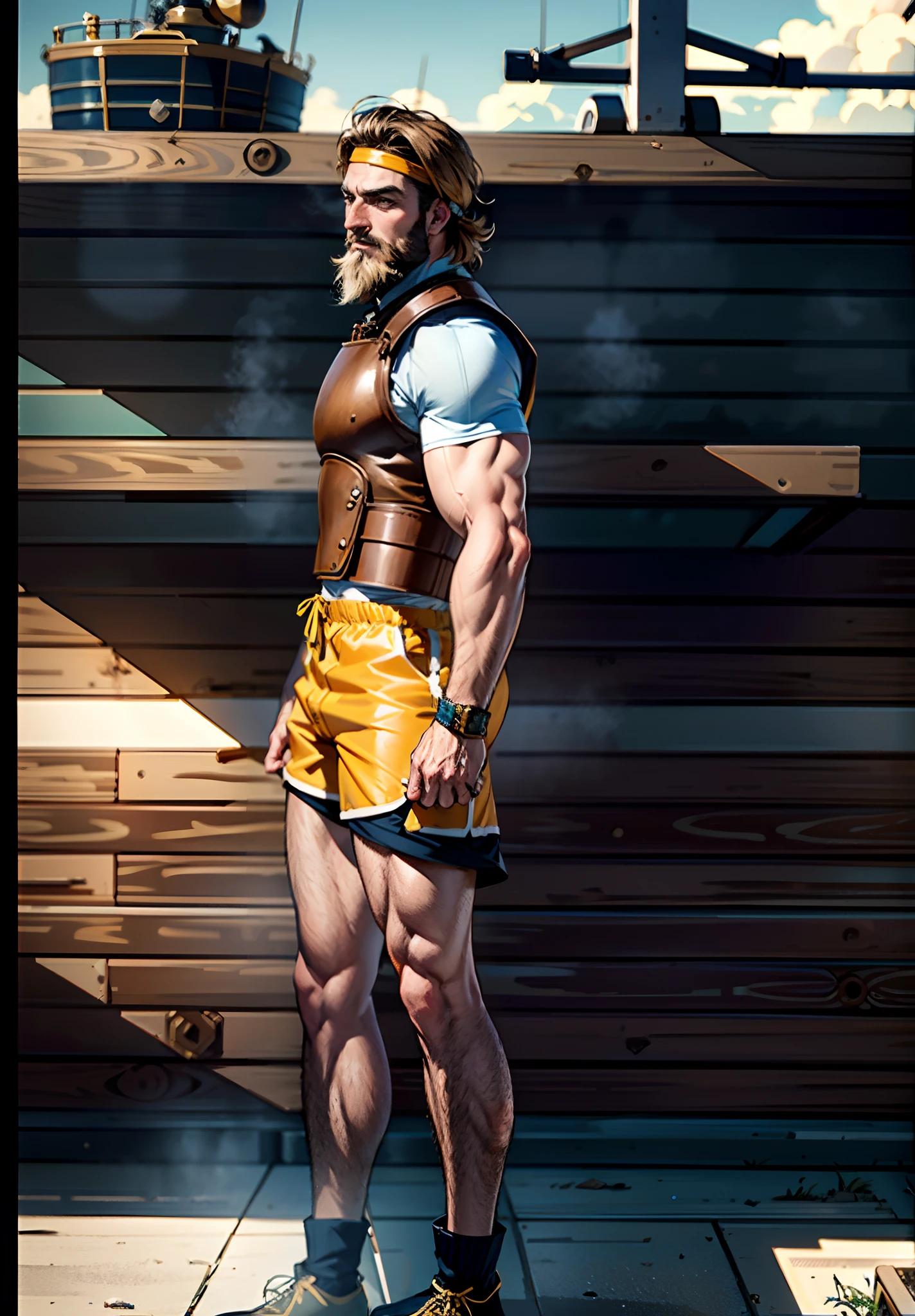 A naked handsome rugged and fit construction worker in a white jockstrap, with a toned physique wearing a vibrant high visibility armband, and sturdy boots, side view, captured in a striking full-body shot from a low angle.