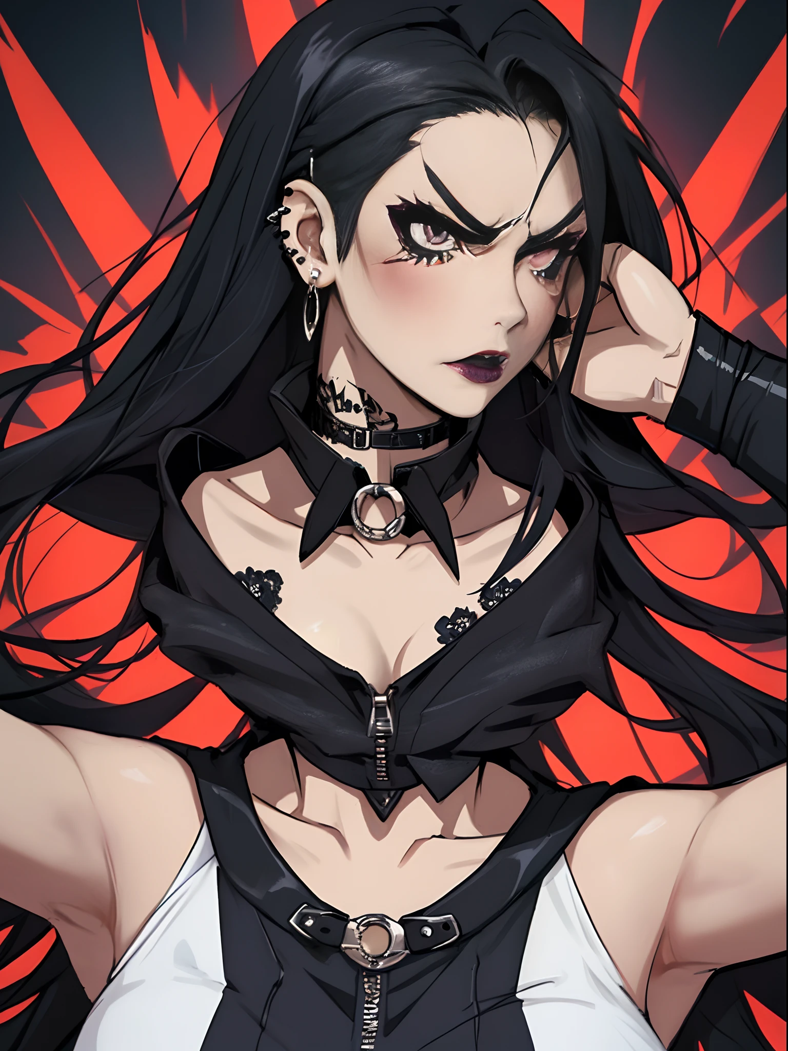 Anime goth girl with a lot of makeup and peircings. She looks angry and defiant, with her dark eyes and black hair.