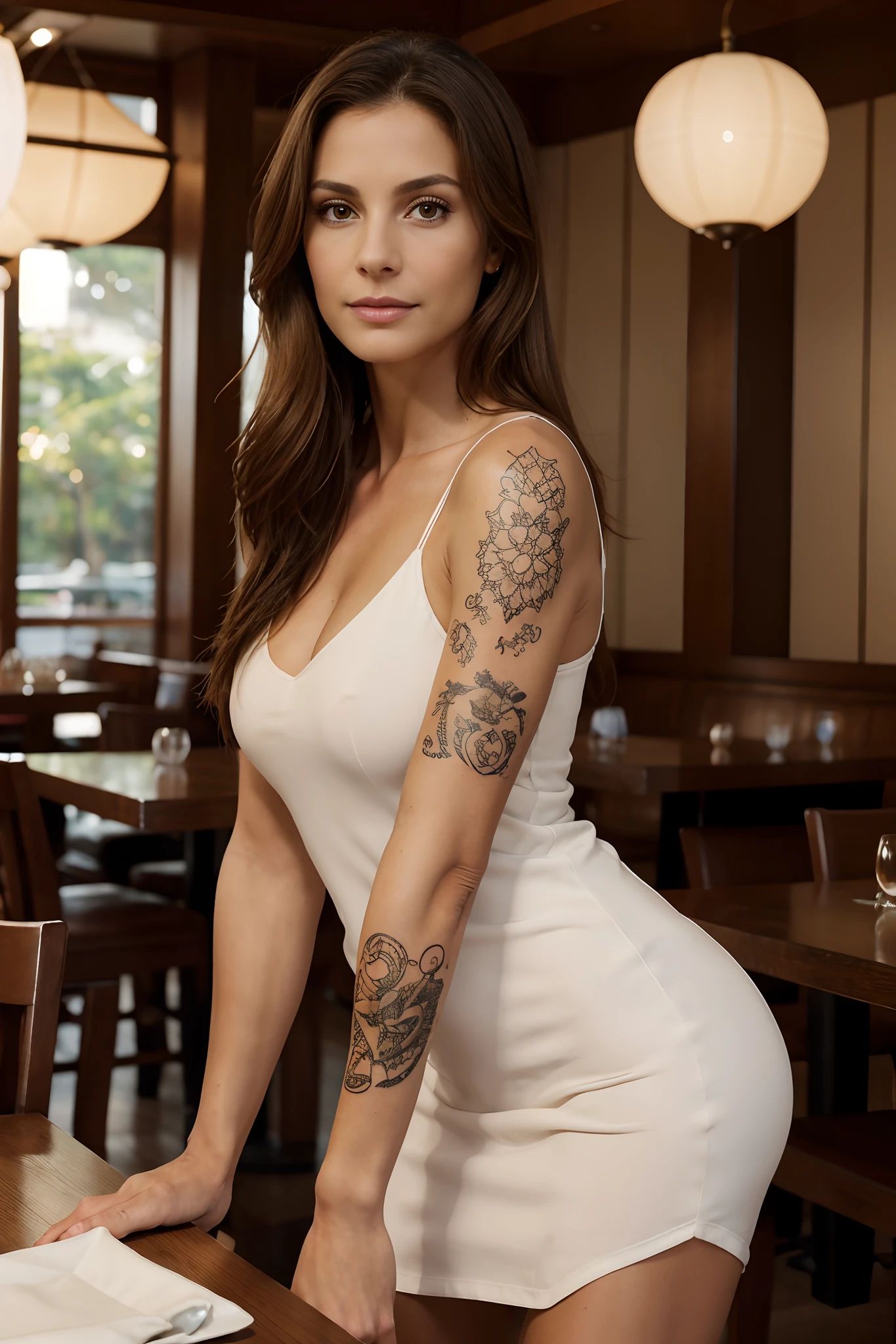 1girl 55 year old, solo, long brown hair, tattoos, looking at viewer, facing camera, milf, beauiful, beautiful face, Caucasian skin colour, elegant dress, fully dressed, athletic, skinny, lips, realistic, nose, in restaurant, 8k ultra sharp, facing camera, front shot