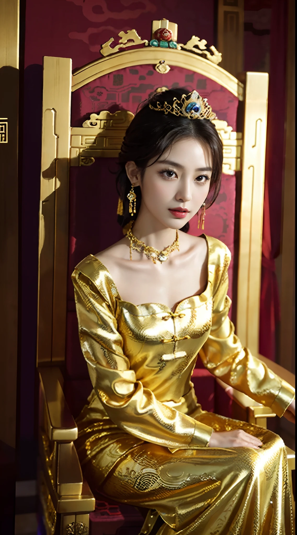 small head, (perfect bodies: 1.1), (short-length straight black short hair: 1.2), （极其细致的CG 8k壁纸），（Extremely refined and beautiful），（masterpiece），（best qualtiy：1.0），（超高分辨率：1.0），[A high resolution]，cheerfulness，Smile，Smooth and flawless fair skin，ultra - detailed,(Small breasts:1.1),Flat chest,Slim,thin,(gorgeous golden Chinese Dragon style empress Evening long Dress:1.4),jewels,Luxury Chinese Palace Background，from front，(Close shot:1.3),cowboy shot,(Portrait above the chest:1.3),bare shoulder,shoulder off,(Sitting upright on the big throne:1.5)