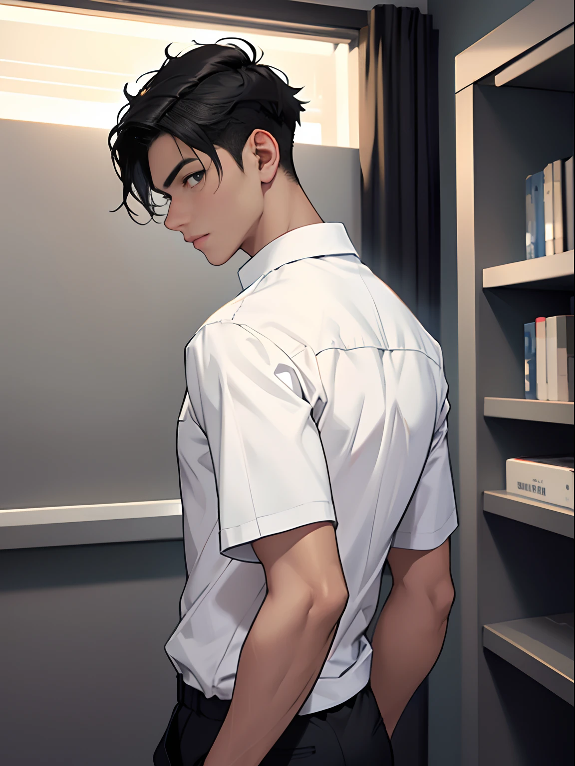 A slim boy with no muscles and lots of black hair stood with his back to the camera, but his head was turned to look at the camera. He wore a white shirt, creating a highlight against the background color of the room.