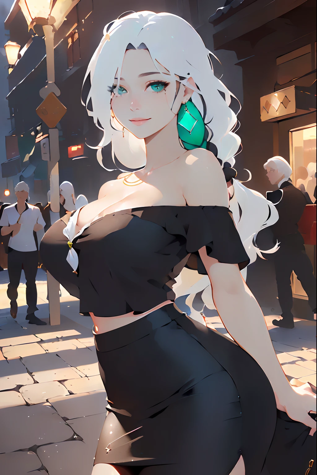 ((large breasts)), (white hair with black strands: 1.9), (low-braided long wavy hair: 1.9), (jewels), ( detailed, perfect, beautiful, exotic, special, unique, charming, hypnotic, breathtaking, skindentation, masterpiece, high quality, high resolution, extremely detailed, sharpness, intricate, high quality_textures, high resolution_textures, absurdres, sharp details, award_winning, bokeh, rule_of_thirds, moody lighting, detailed shadows, light diffusion, white_balance, Realism, RAW_Image, realistic, photorealistic environment), (exotic woman), ((hair over one eye: 1.9)), (tanned skin: 1.9), (emerald eyes: 1.2), (adult woman), (tsurime: 1.9), (large size), (kind smile: 1.9), (soft full lips), long lashes, expressive eyes, (off-shoulder shirt: 1.9), (pencil skirt: 1.9)