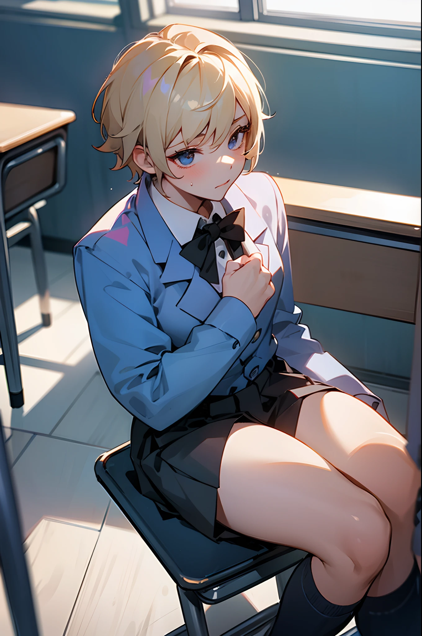 a feminine boy in a school uniform, femboy, sitting in a classroom, 1boy, solo