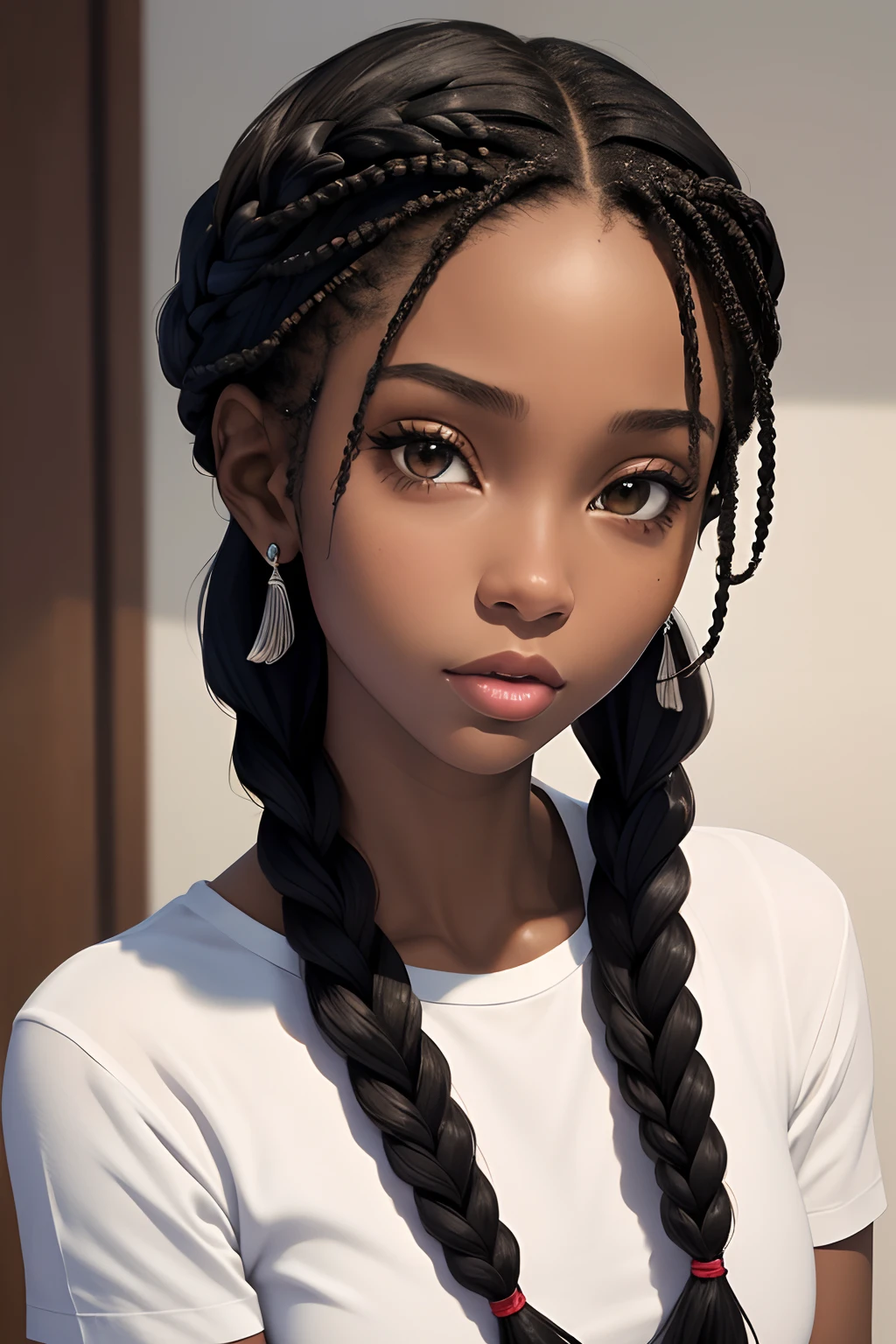 (masterpiece, best quality), (head tilted completely to the side), deep ebony 1girl, beautiful face, Kimberly_jackson, freely braids, confused, upper body,