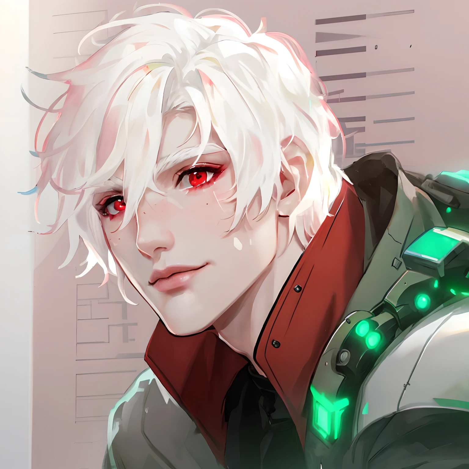 (1male, very short white hair, red eyes, rosy cheeks, pretty face, slim waist), ((detailed face)), cyberpunk, sci-fi, green aesthetic,