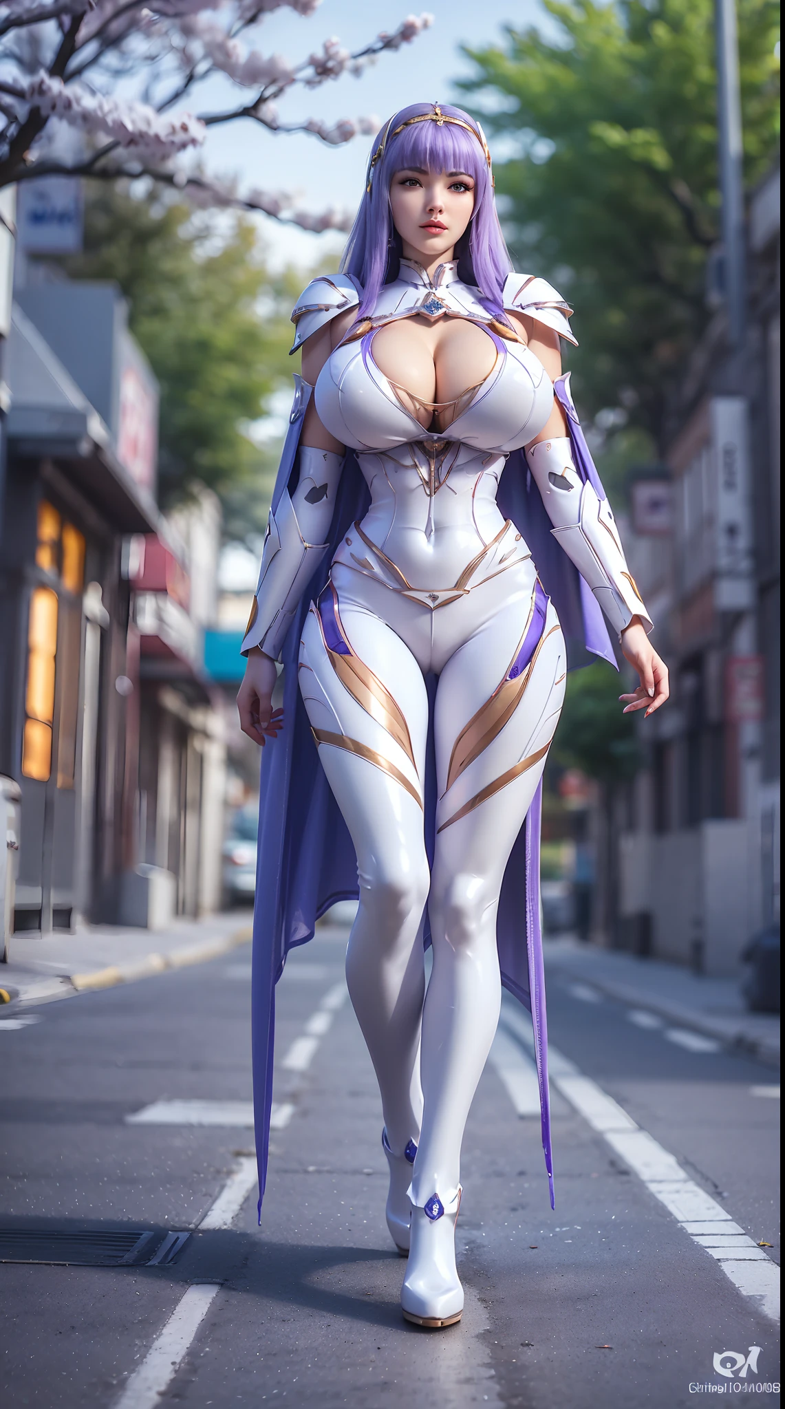 1GIRL, SOLO, (ssmile, makeup, beautifull eyes, red libs, white front bangs hair, gold ornament hair), (HUGE FAKE BOOBS:1.3), (GUARD ARM), (white, purple, blue, FUTURISTIC MECHA ARMOR SUIT, ROYAL CAPE, CLEAVAGE, SKINTIGHT YOGA PANTS, HIGH HEELS:1.5), (SLENDER BODY, SEXY LONG LEGS, FULL BODY:1.5), (LOOKING AT VIEWER:1), (WALKING DOWN ON STREET NIGHT CHERRY TREES:1.3), PHYSICALLY-BASED RENDERING, ULTRA HIGHT DEFINITION, 8K, 1080P.