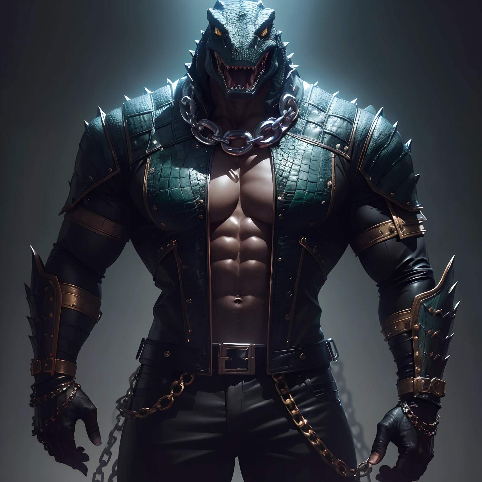 (best quality, highres), a humanoid crocodile like Sobek from SMITE, (leathery, tough) black leather jacket, (sleek, shiny) chains around the neck, (sharp, menacing) eyes, (vivid, vibrant) scales, (detailed, muscular) physique, (confident, powerful) posture, (ominous, dark) background, (subtle, dramatic) lighting, (intense, surreal) colors.
