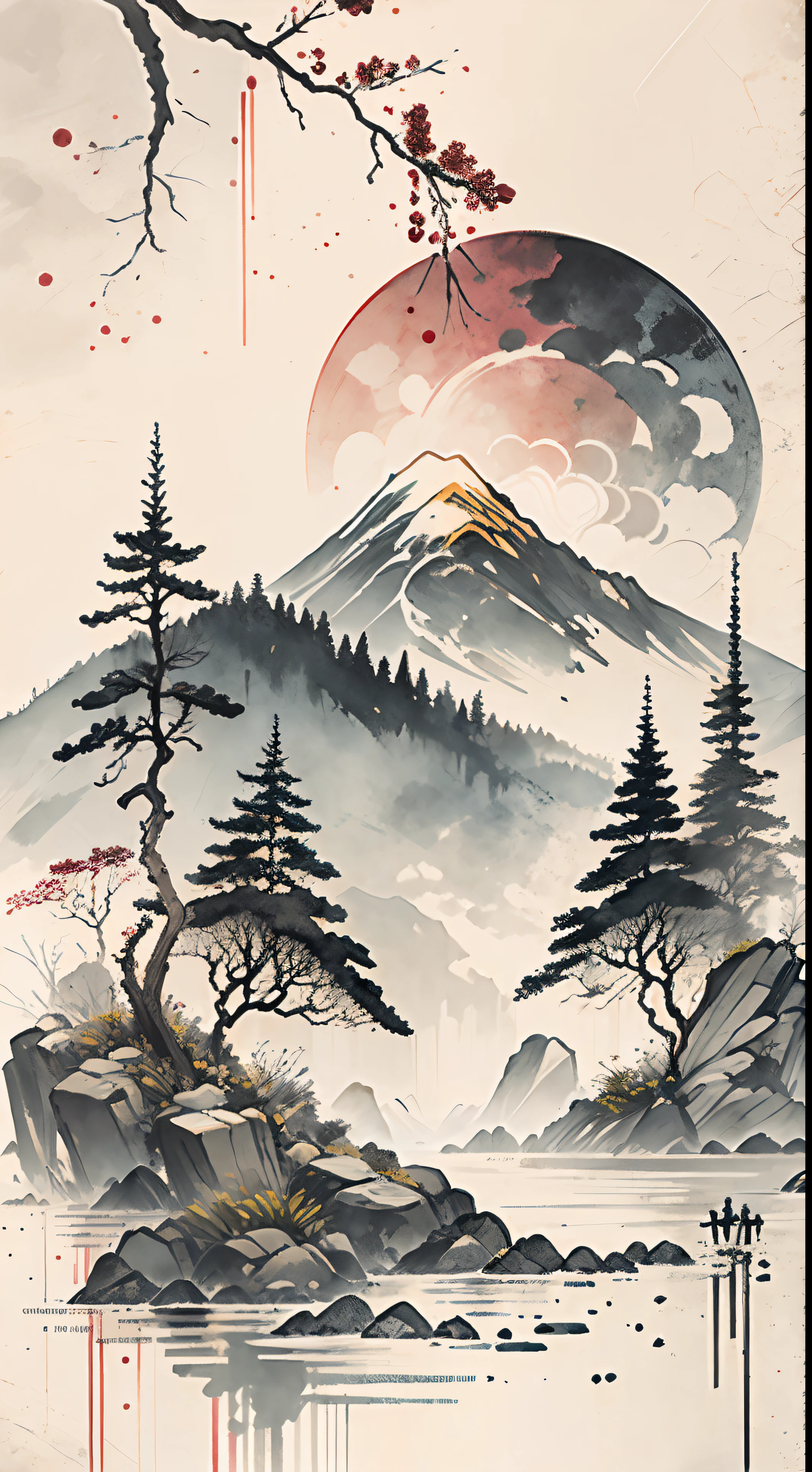 (Masterpiece, best quality: 1.2), (No_Humans), mountains in the distance, traditional Chinese ink painting, houses, tombstones, meadows, rainbow effects