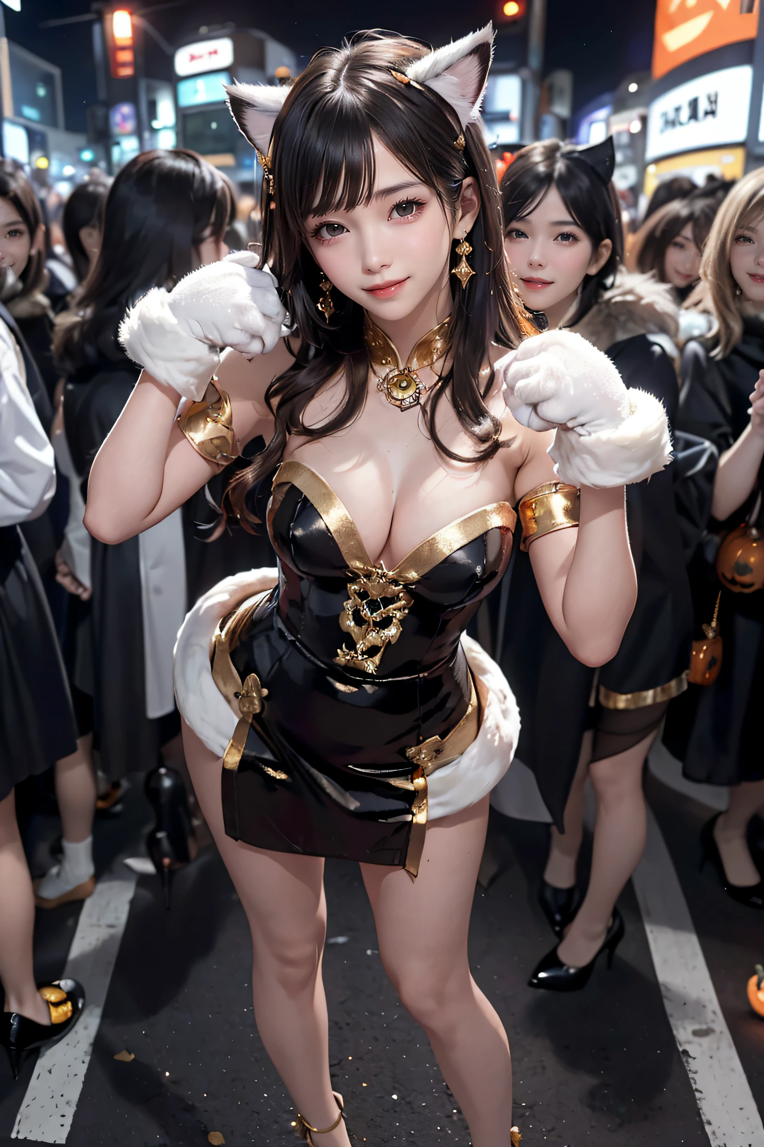 masterpiece, top-quality, top-quality, Beautifully Aesthetic:1.2, ((1girl)), Halloween night, ((Wearing a high-quality Black and Red with Gold costume of fur of cat, gloves of cat, cat paw-shaped shoes, fur miniskirt):1.2), (Silver pin heels:1.1), high detailed, (Standing with paw pose:1.3), large breasts, firm breast, nicely shaped breasts, slender figure, 
((Dark Brown Hair)), wavy hair, (medium long hair:1.2), 
((in the middle of very crowded Shibuya's scramble crossing at late night:1.2)), ((Surrounded by many people wearing Halloween costumes:1.2)), (Full body shot:1.1), (From below),