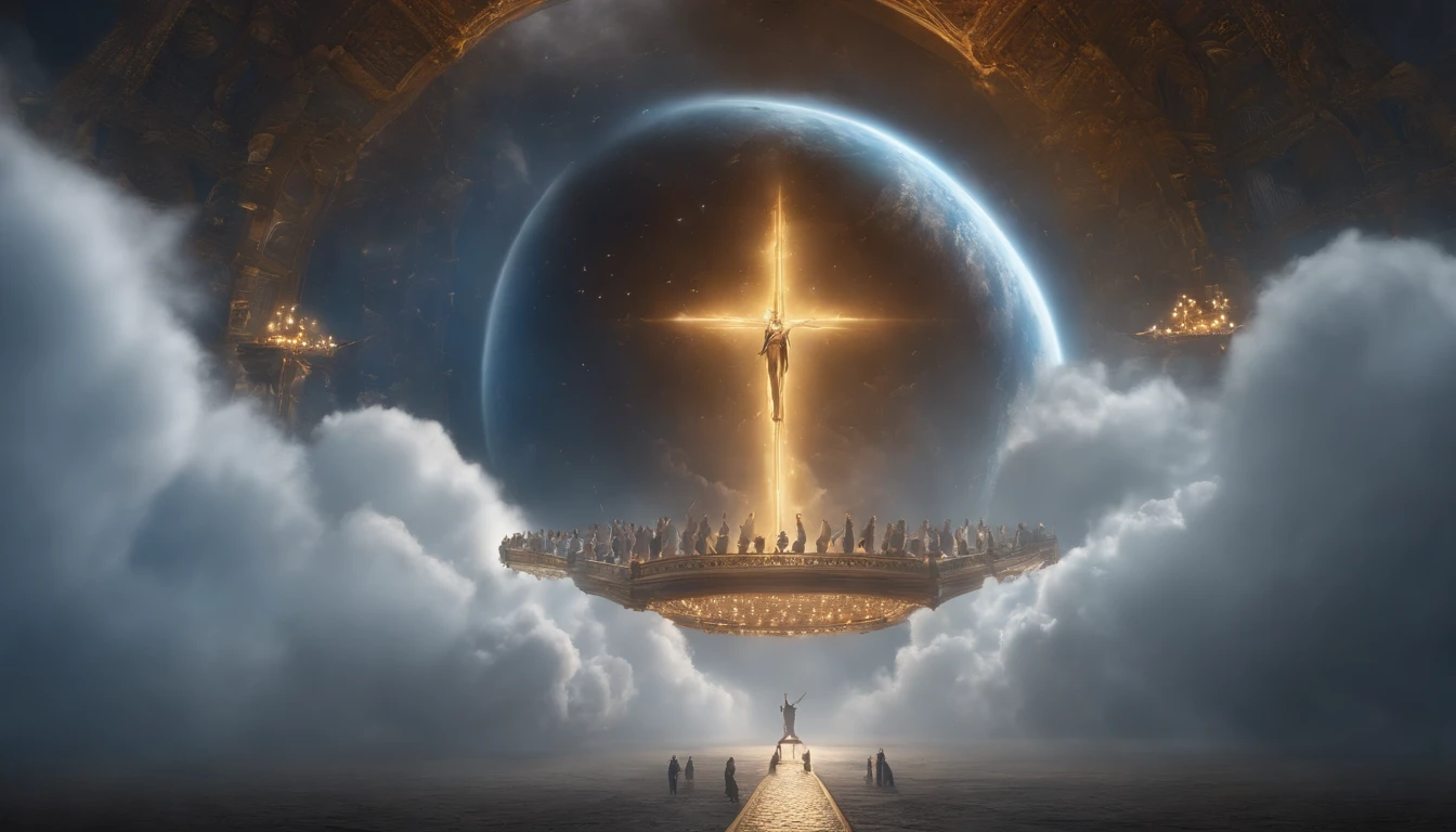 Thousands of people stand in the air,Standing on the clouds,I'm wearing all my hinge clothes, Raise your hands and sing a hymn to praise God. The scenes are magnificent and surreal. (Best Quality, 4k, 8K, high resolucion, Masterpiece:1.2), Ultra-detailed, (realisitic, Photorealistic, Realistis:1.37), portrait of a, Vivid colors, studio lit, Sharp focus, physics based rendering, extreme detail description, Biblical Topics, grand ambience, radiant light.