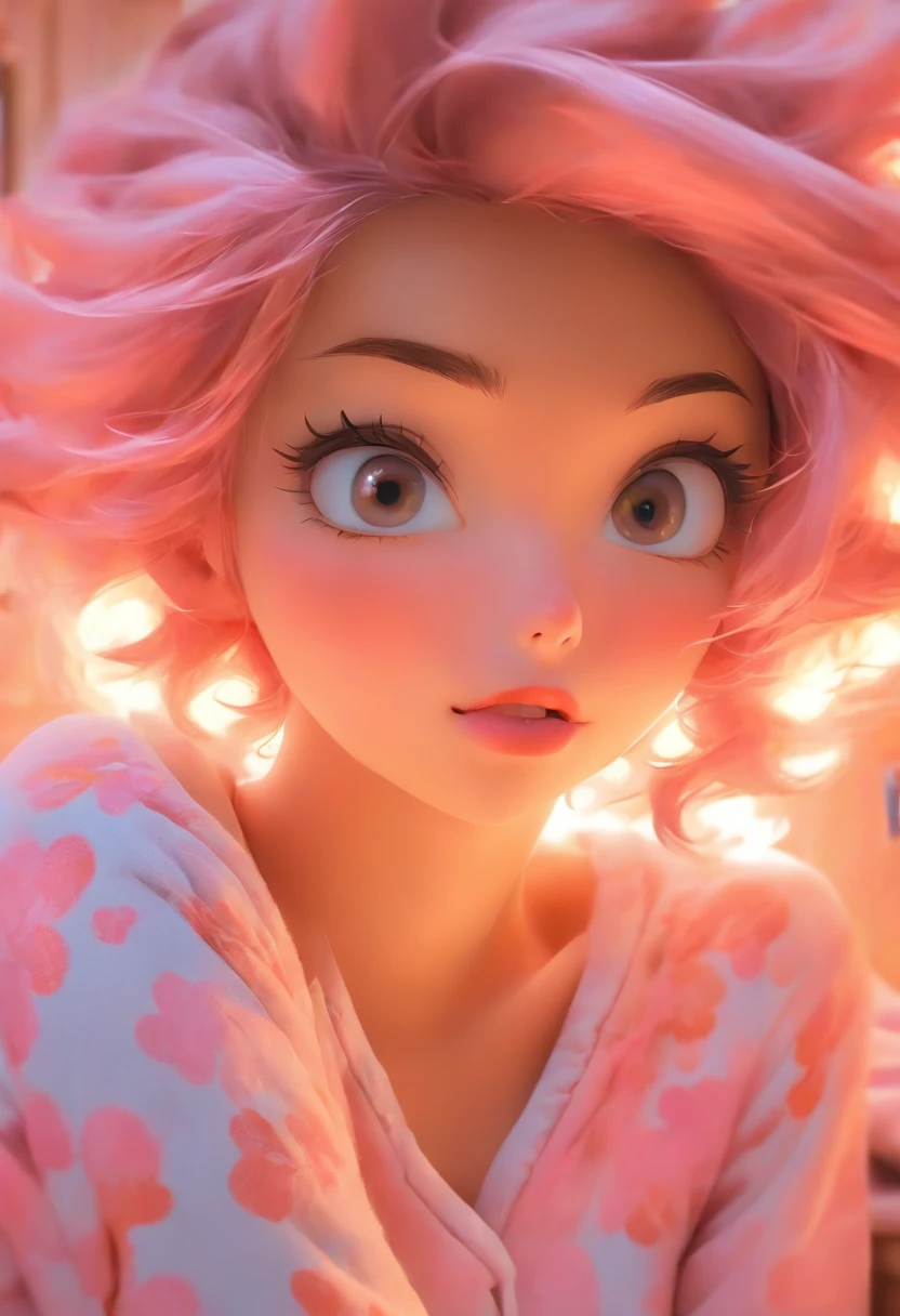 (Young woman) Bedroom, pink decor, girly bedroom, young woman in seductive fluffy pajamas, pink pajamas, pink bra, dyed hair, detailed eyes, detailed lips, detailed face, full torse view, embaressed look on her face, warm but sexual atmosphere