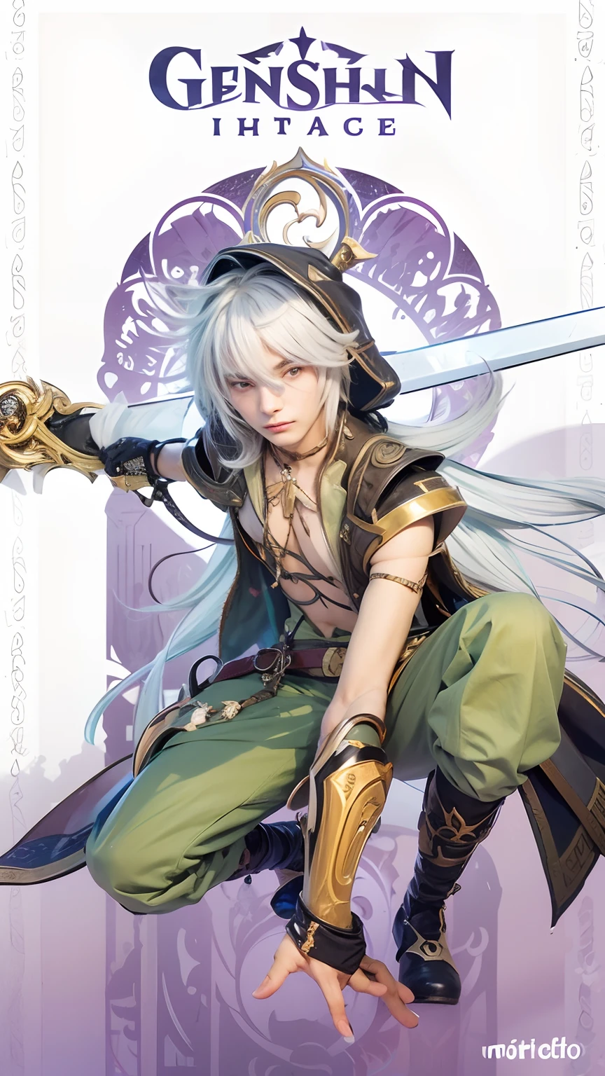 Boy with long white hair holding a sword on the shoulder in posed