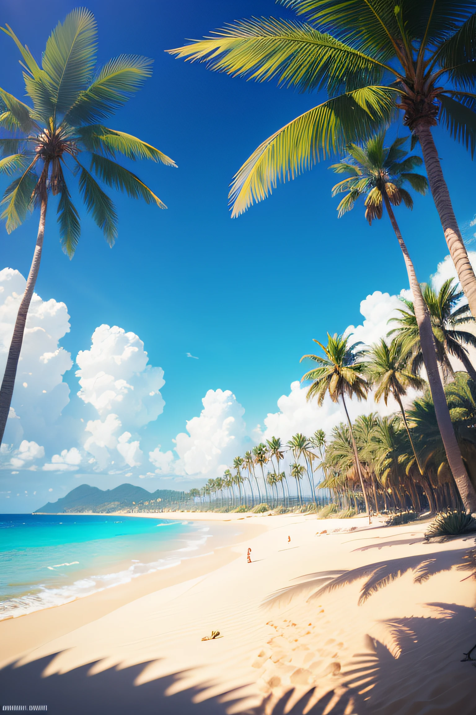 sand, Palm trees on the sides, Blue sky with white clouds, hight resolution, higly detailed, tmasterpiece, beautiful photo, Highest resolution