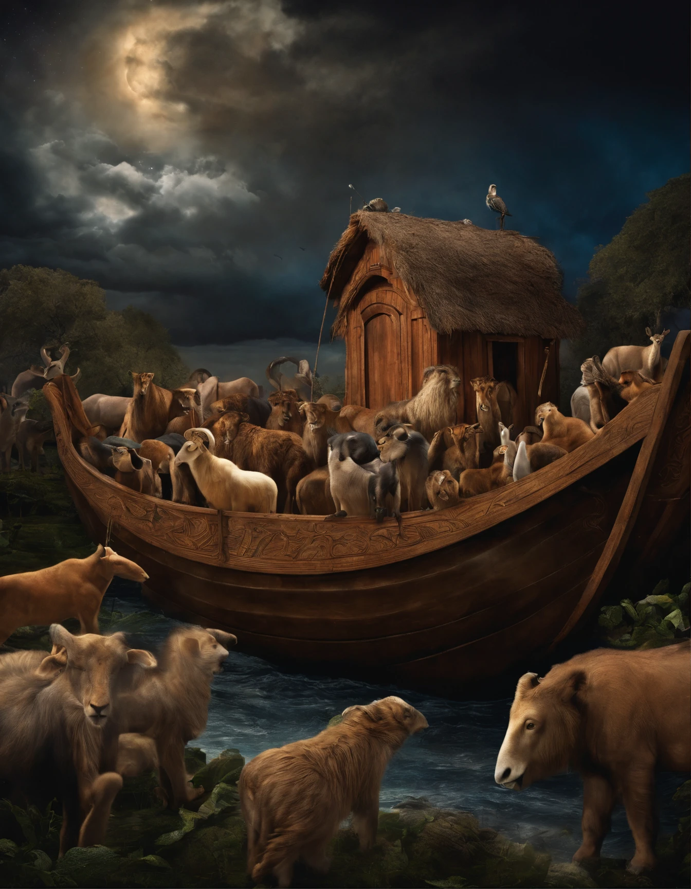 Close-up of Noah next to the Ark, Dark sky and many animals around the Ark, Surrealists