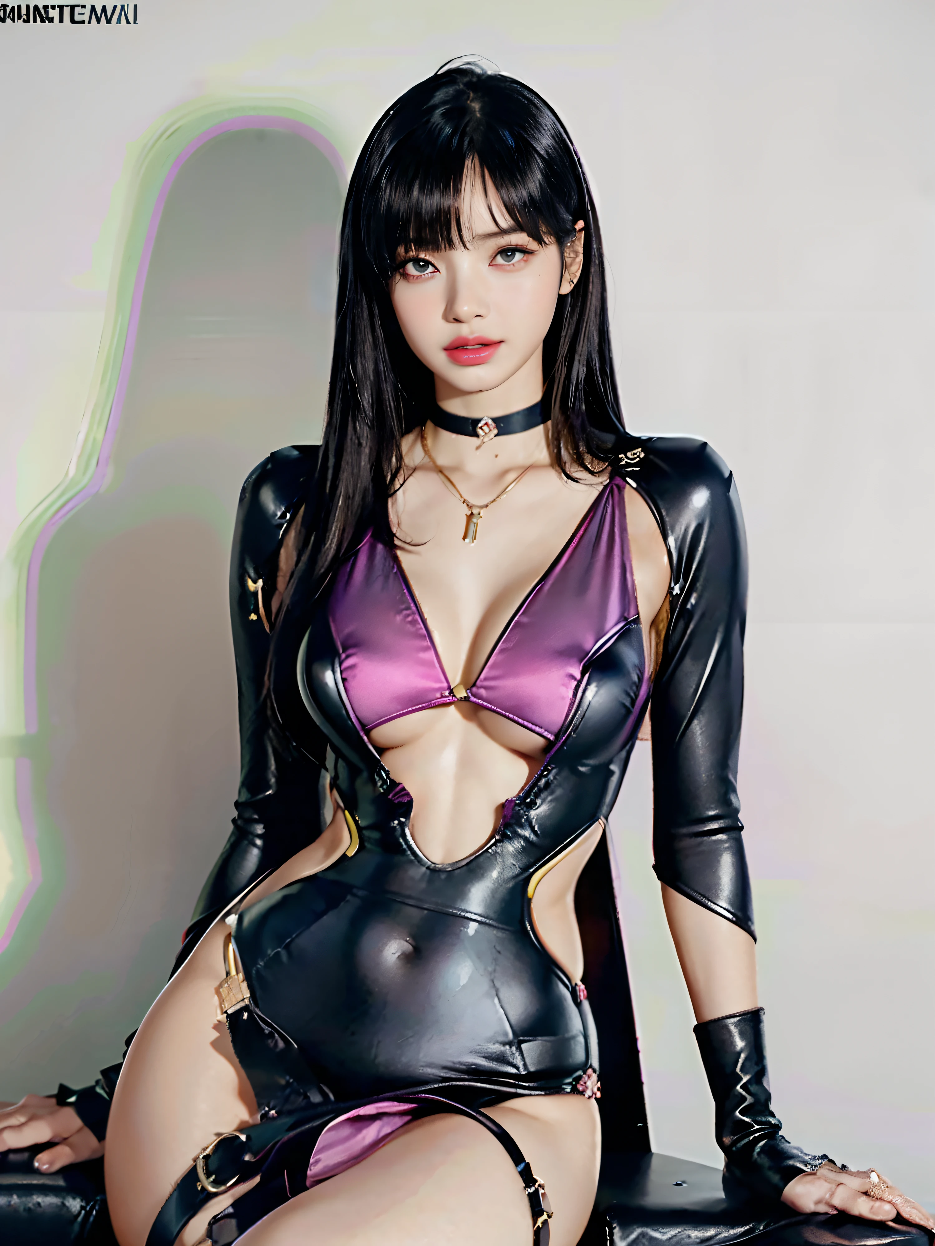 lisa black-pink, Beautiful photorealistic, , blindfold, sitting in a deep chair, cleavage, areola indentation, chain around her neck, roleplay bdsm, high fantasy, gravure, lewd, medium breasts, , highly detailed, 8k, high resolution, solo, big juicy lips, slim thighs, fit thighs, show knees, makeup, shiny breasts, gloves, looking at viewer, photorealistic, Cinema 4D, octane render, innovative, sexy, hourglass, mystical aura, smokey mist around, illuminati style, choker, perfect fingers, show legs, use advanced machine learning to create the perfect lisa black-pink alone sitting in a chair, camel toe, vice magazine photography style, trending on Pixiv, trending on civitai, perfect composition, full body view, sfw, professional quality, unreal engine