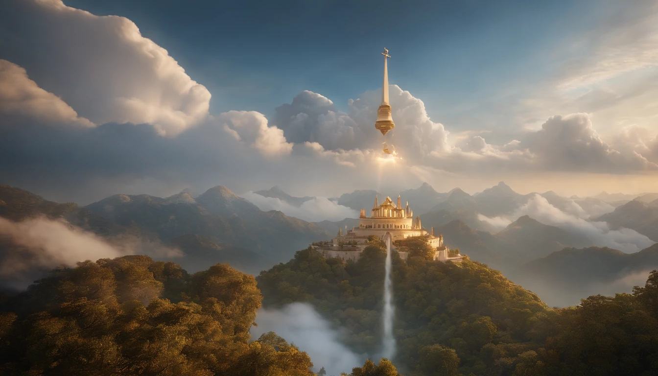 Thousands of people stand in the air,Standing on the clouds, I'm wearing all my white clothes, Raise your hands and sing hymns to praise God. The scenes are magnificent and surreal. (Best Quality, 4k, 8K, high resolucion, Masterpiece:1.2), Ultra-detailed, (realisitic, Photorealistic, Realistis:1.37), portrait of a, Vivid colors, studio lit, Sharp focus, physics based rendering, extreme detail description, Biblical Topics, grand ambience, radiant light.