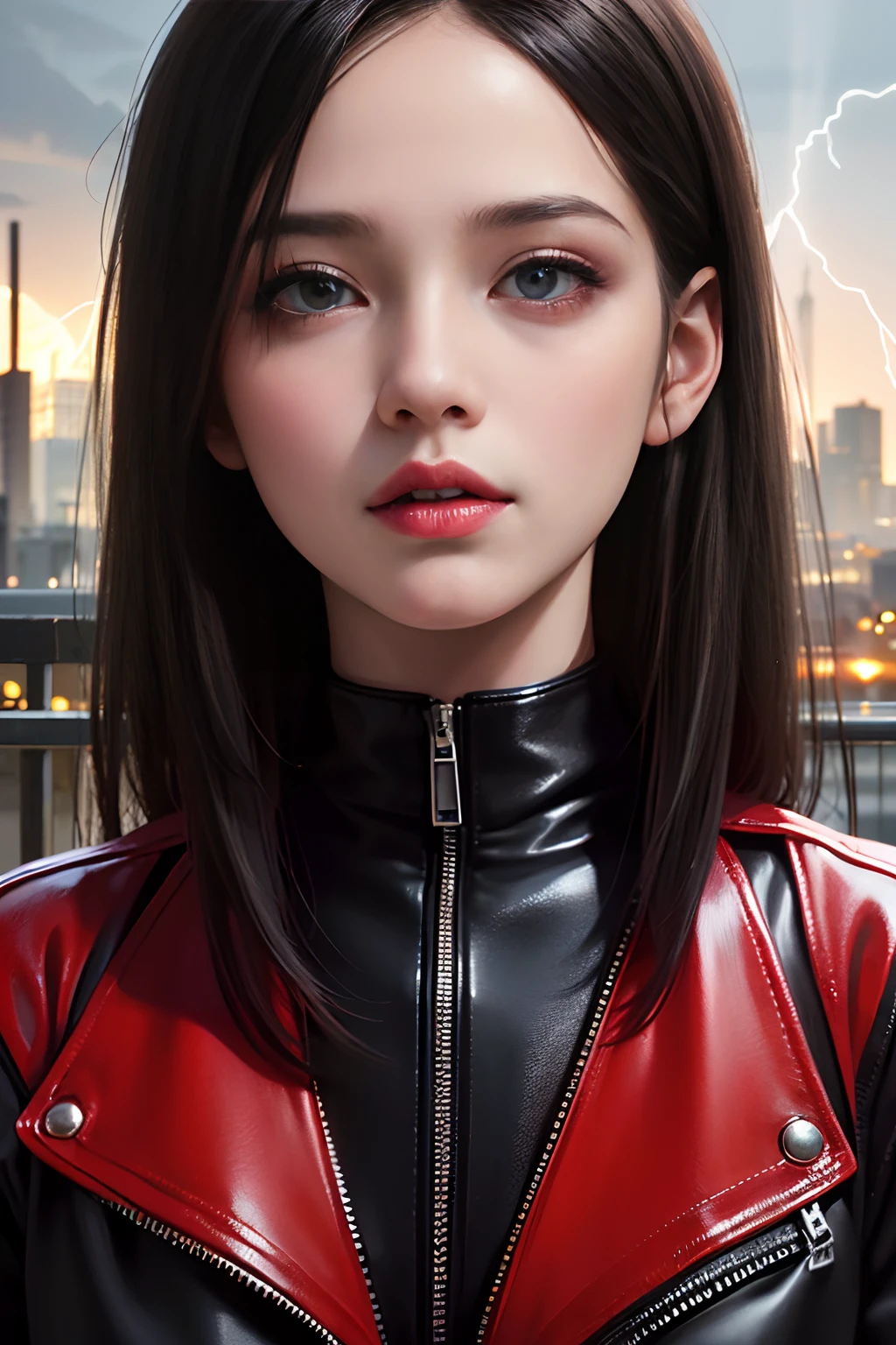 (skindentation:1.5), Realistic, Photorealistic, (masterpiece:1.5), concept art, intricate details, highly detailed, photorealistic, octane render, 8k, unreal engine, dynamic pose, best quality, highres, (realistic face:1.1), (hyperrealistic:1.1), ((full_body)), perfect eyes,(shiny skin:1.2), (((hairstyle))), (((perfect hands))), (extremely detailed background), ((dynamic background)), ((lightning)), (light rays), ((1girl)), wearing black leather jacket, black leather long pants, red under shirt, black boots, (((flowing jacket))), ((detailed eyes, high quality eyes, high quality face)), (extremely intricate jacket, magical jacket), long black hair, ((dramatic)), epic, city, depth of field, bokeh, 4k, riding motorcycle