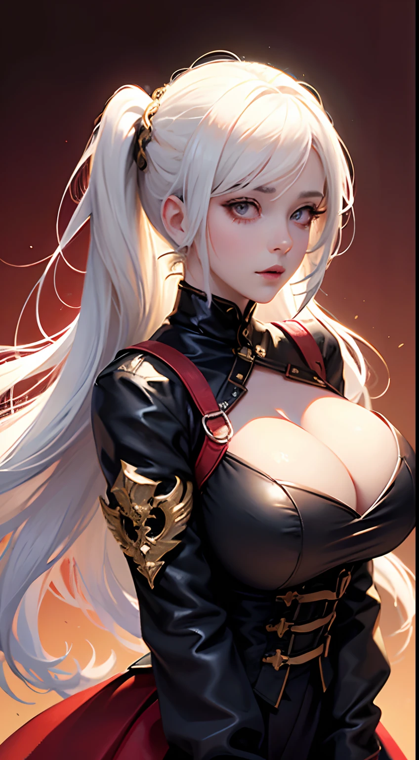 Masterpiece, High quality, hcnone, Pixel art, 1girll, White hair, pony tails, Red gothic dress, Simple gold background, Death gaze, Solar eclipse background,huge tit,gigantic cleavage breasts