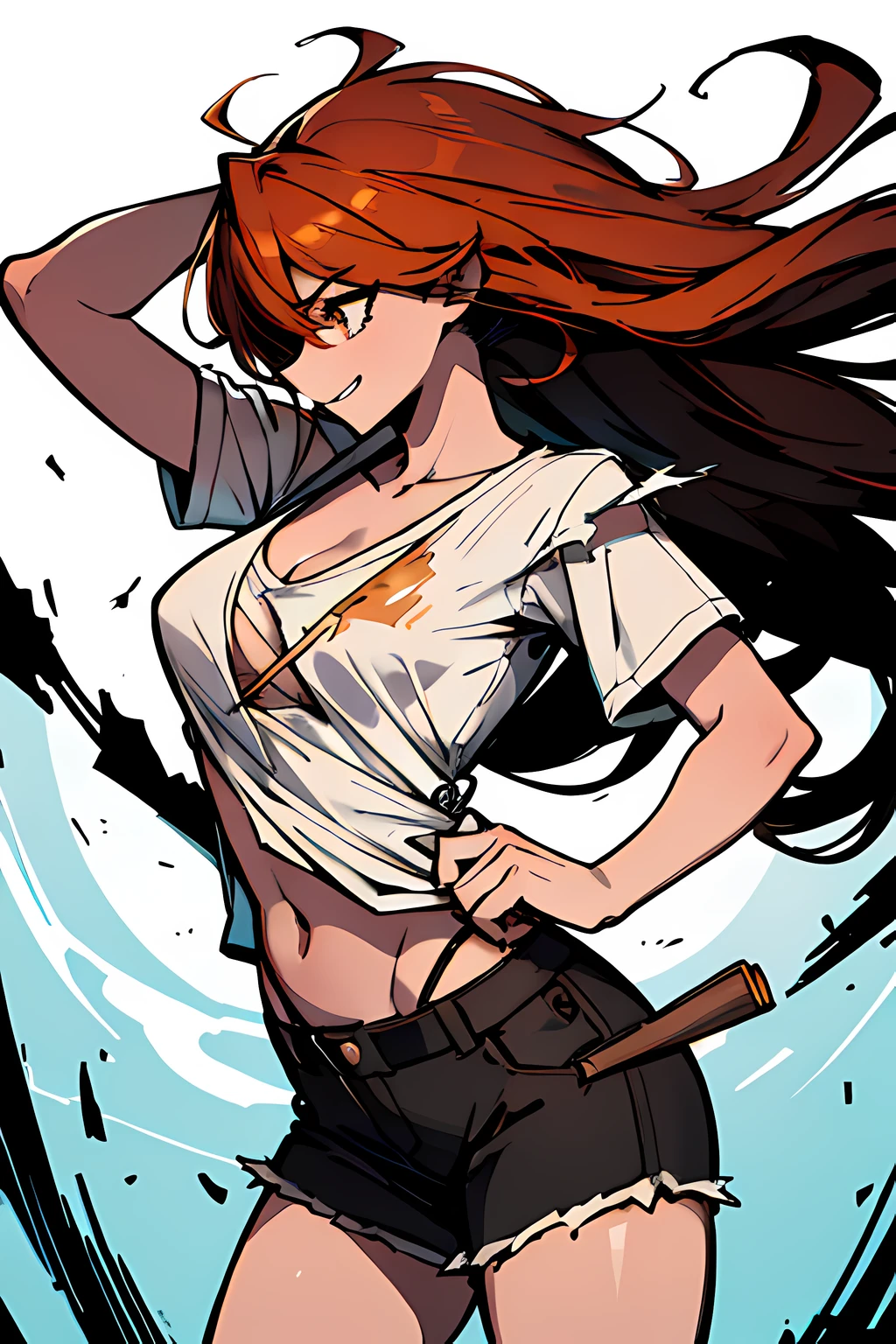 (absurdres, 8k, 4k, masterpiece, hyper extreme detailed:1.2), solo, 1girl, side view portrait, best quality, expressive eyes, perfect face, 1girl, portrait, solo, Female, mature female, adult, red hair, orange gradients, wavy hair, hair covering left eye, long hair, adventurous, cool, confident, incredible, explorer, shorts, suave, charismatic, wild hair, messy hair, moving hair, harpoon, night time, ripped clothing, laughing, cowboy shot, half body, perfect anatomy, hand brushing through hair, Shakespearean, actor, theatrical, smile, happy, brilliant, free, freedom, hands outstretched, flowing hair, windy hair, wind, fearless, adventure, torn shirt, torn tan shirt, cutlass, pirate, pirate flag, messy, rugged, birds, golden eyes, hand above eyes, torn clothing, Spaceship bridge
