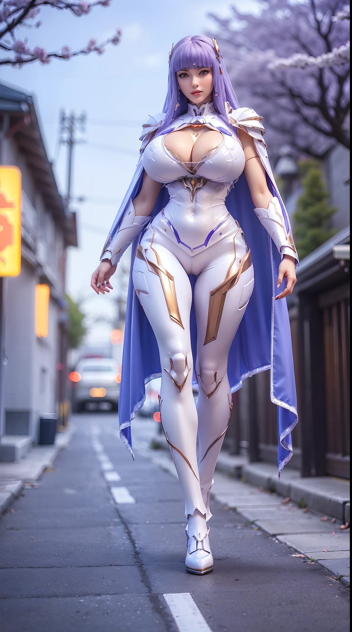 1GIRL, SOLO, (ssmile, makeup, beautifull eyes, red libs, white front bangs hair, gold ornament hair), (HUGE FAKE BOOBS:1.3), (GUARD ARM), (white, purple, blue, FUTURISTIC MECHA ARMOR SUIT, ROYAL CAPE, CLEAVAGE, SKINTIGHT YOGA PANTS, HIGH HEELS:1.5), (SLENDER BODY, SEXY LONG LEGS, FULL BODY:1.5), (LOOKING AT VIEWER:1), (WALKING DOWN ON STREET NIGHT CHERRY TREES:1.3), PHYSICALLY-BASED RENDERING, ULTRA HIGHT DEFINITION, 8K, 1080P.