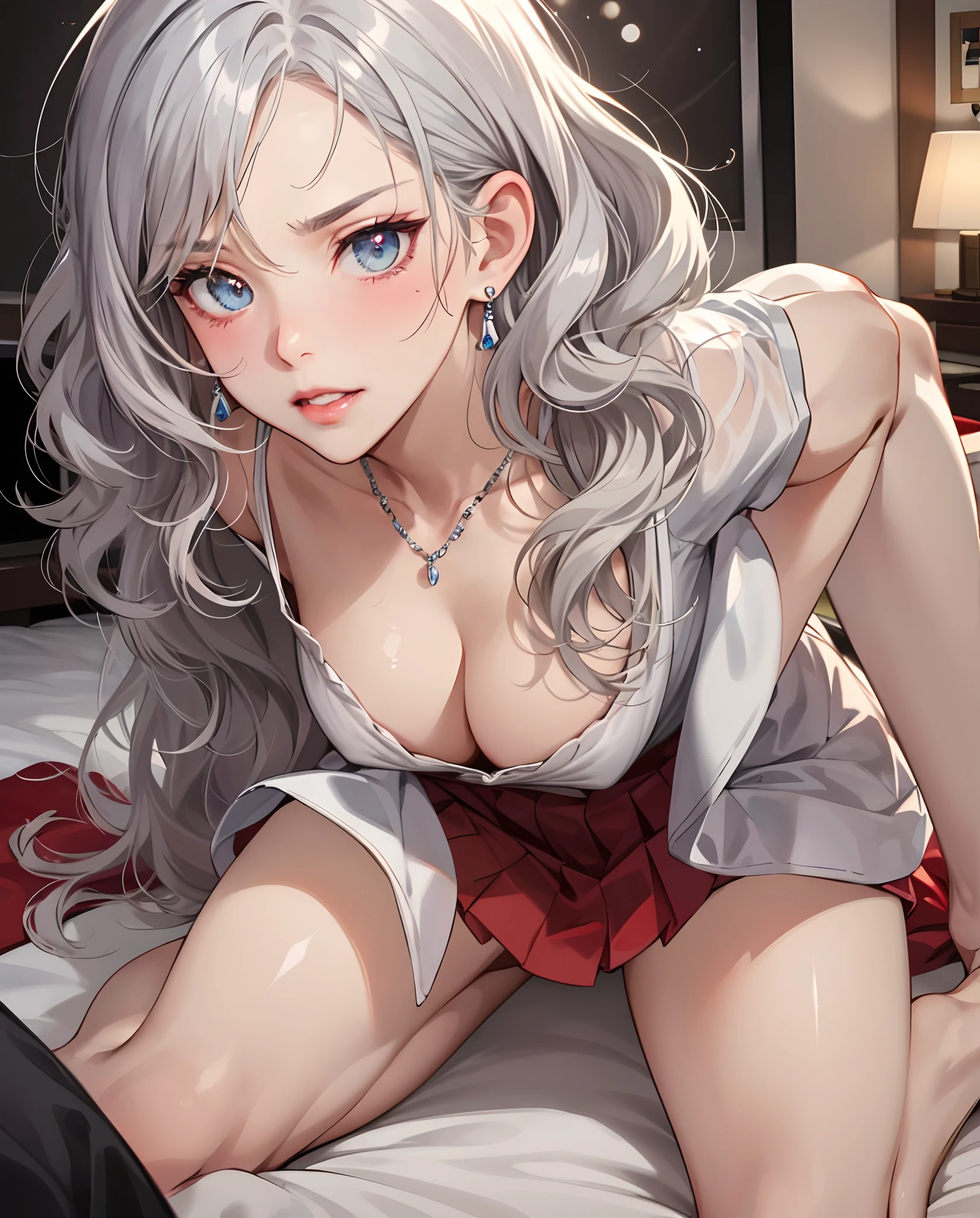 anime (masutepiece: 1.3), (max resolution: 1.2), (Ultra HDTV: 1.2), cinematric light, (8K resolution), Detailed eyes and skin, detailed facial features, , (Sharp Focus: 1.2), (Focus on Face:1.2),Perfect Style, Beautiful face, acurate, Anatomically correct, extra detailed face,high detailed skin texture, Detailed eyes, Double eyelids, Thin eyebrows, Natural cheeks, Glossy skin, Fair skin: 1.2, (Glossy lips: 1.4),、 (Shy look: 1.2),Highly detailed facial and skin texture, Detailed eyes, Double eyelids, Natural cheeks, , shiny lips: 1.4,Exposed cleavage、 ((red blush、humiliated、impatience、Frightened、glares、embarrassed from、Open knees、open one's legs、Masturbation behavior、masturbation、rubbing the genitals with fingers,,,,,,,,,,,,,,、 、nudde、Shiny little earrings and necklaces、sexual excitement))、 25 years old, Neat and clean woman 、Wavy Hair、 Big, upturned breasts, chies、Silver hair,laying on the bed