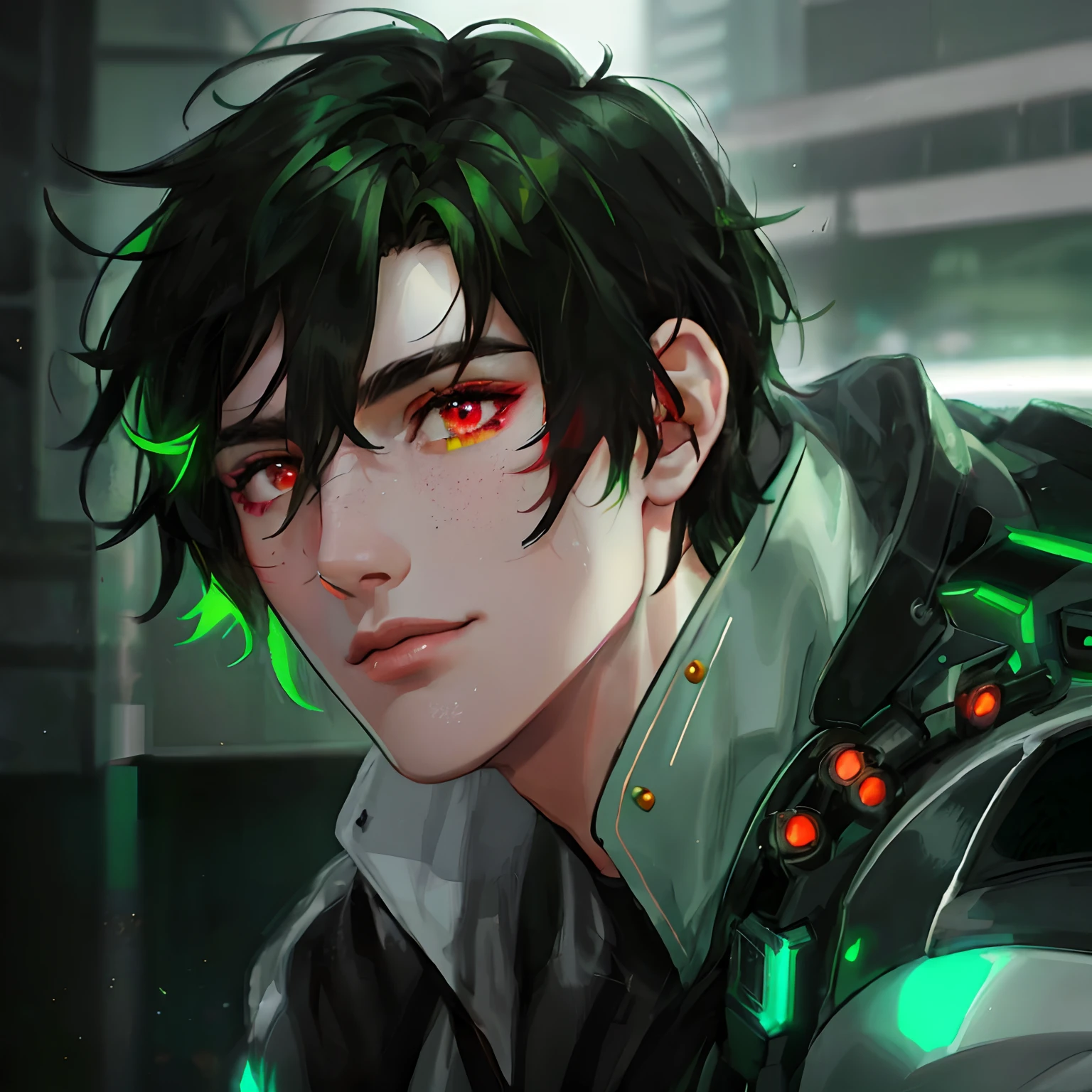 (1male, very short black hair with green highlights, red eyes, rosy cheeks, pretty face, slim waist), ((detailed face)), cyberpunk, sci-fi, green aesthetic,