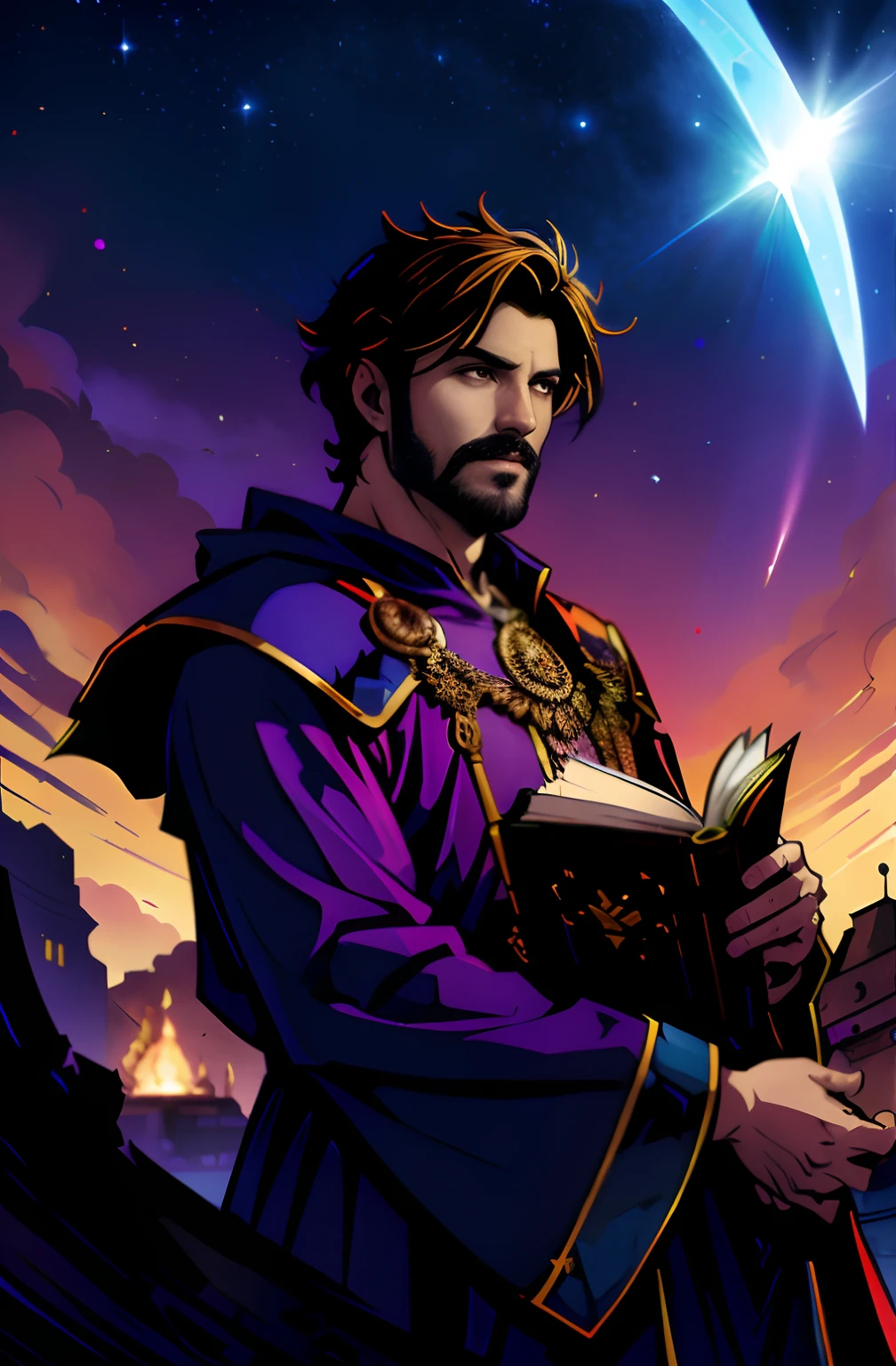 Imagem de um homem com um manto roxo segurando um livro, picture of a male cleric, retrato do livro do RPG, caleb from critical role, casimiro arte, retrato de um mago, arte oficial do personagem, retrato closeup de um mago, male artificer, mago masculino, fantasy RPG book illustration, official character illustration, handsome prince of persia, joseph joestar